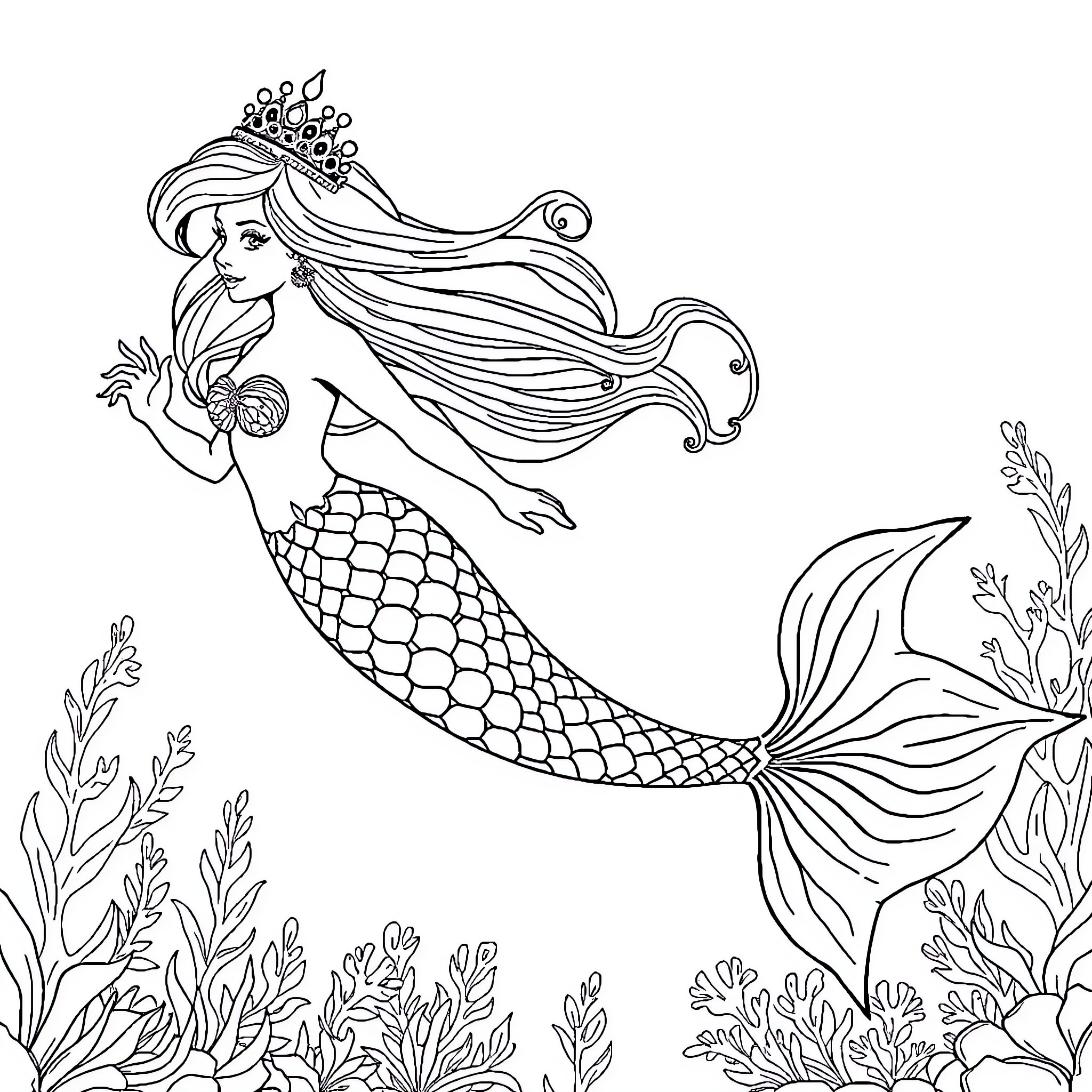 Mermaid gracefully swimming amidst underwater seascape Coloring Page (free black-and-white line drawing printable PDF for all, from beginners to advanced learners, including children, teens, adults, and seniors)