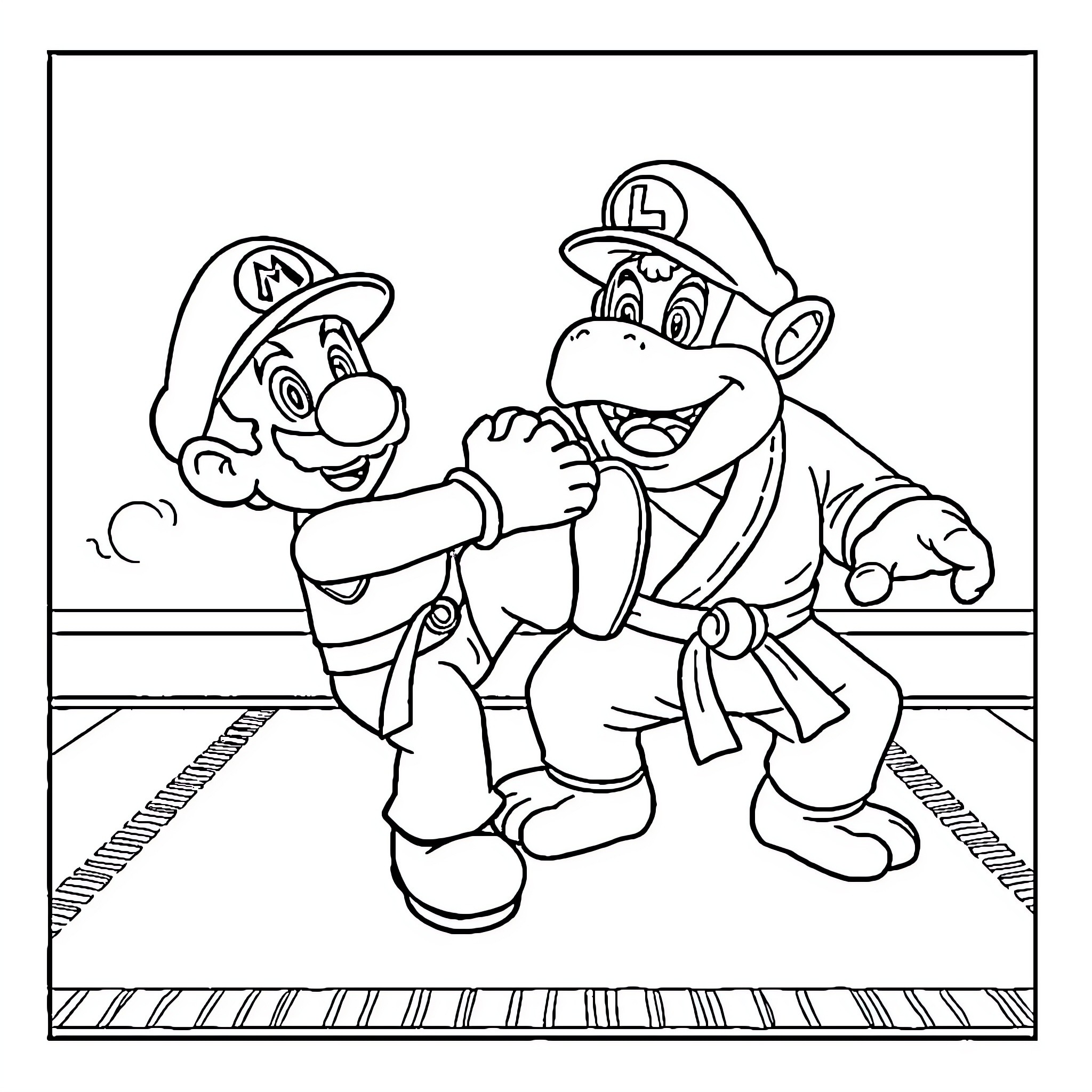 Mario and Luigi Wrestling in Ring Coloring Page (free black-and-white line drawing printable PDF for all, from beginners to advanced learners, including children, teens, adults, and seniors)