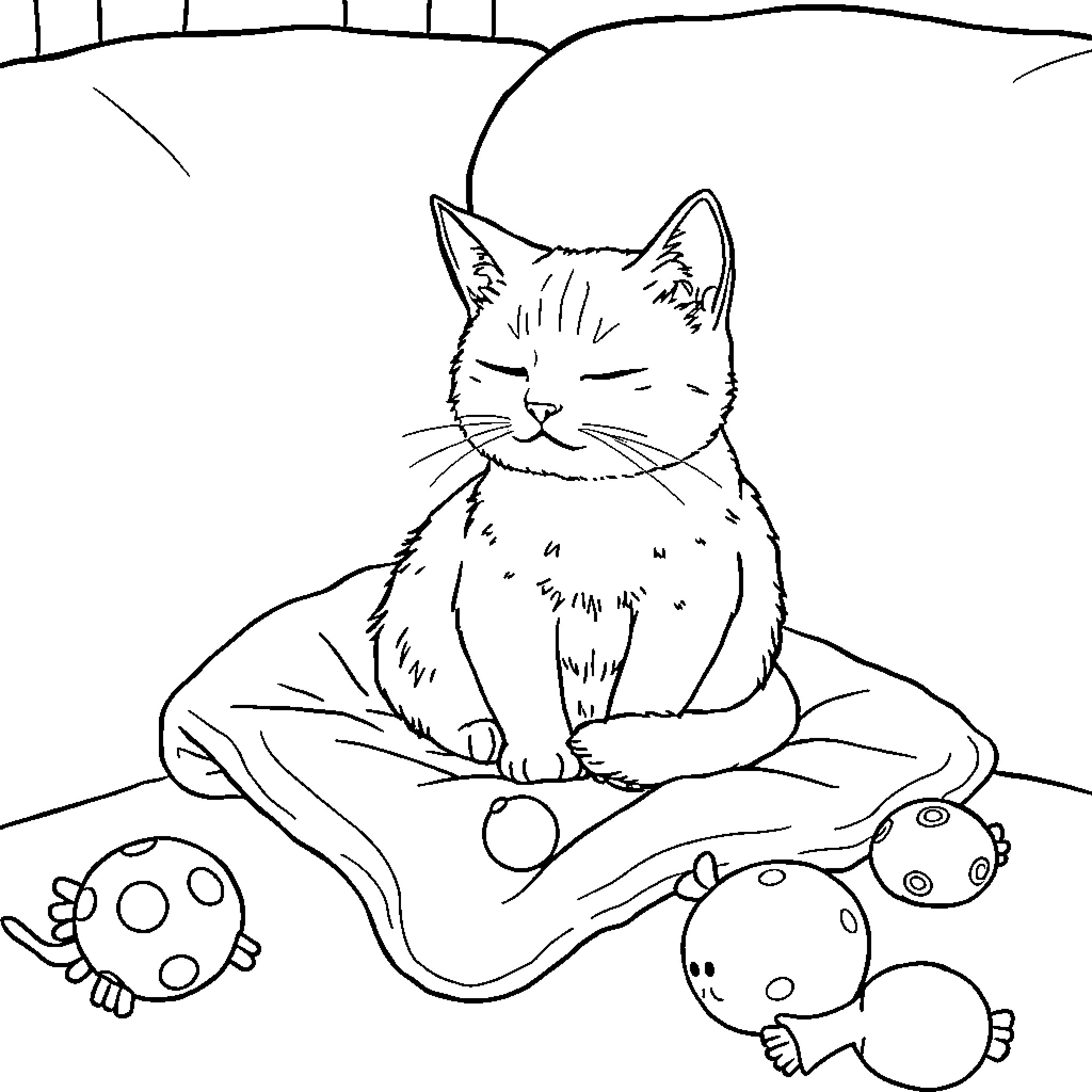 Cat relaxing with toys Coloring Page (free black-and-white line drawing printable PDF for all, from beginners to advanced learners, including children, teens, adults, and seniors)