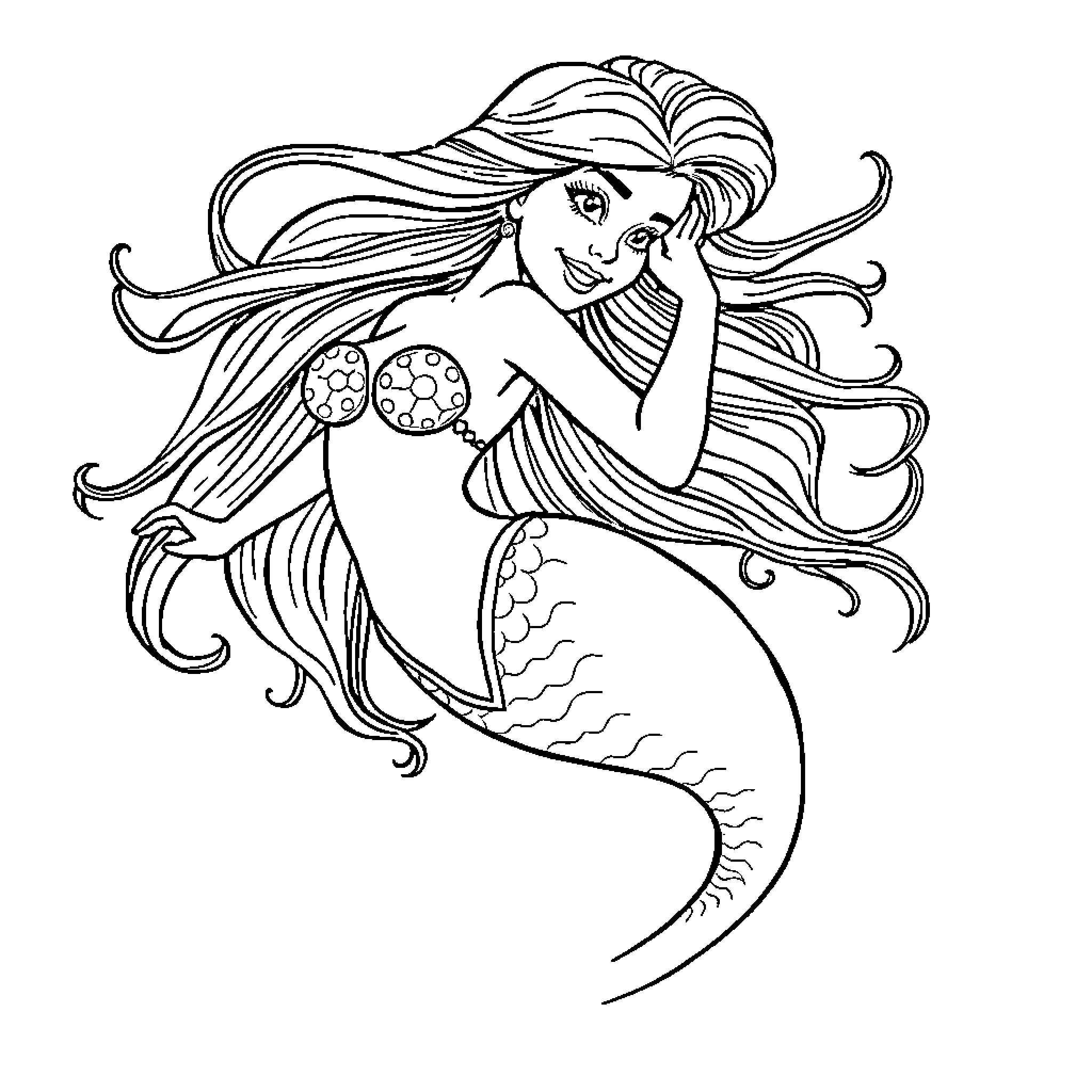 Mermaid gazing thoughtfully at the sea Coloring Page (free black-and-white line drawing printable PDF for all, from beginners to advanced learners, including children, teens, adults, and seniors)
