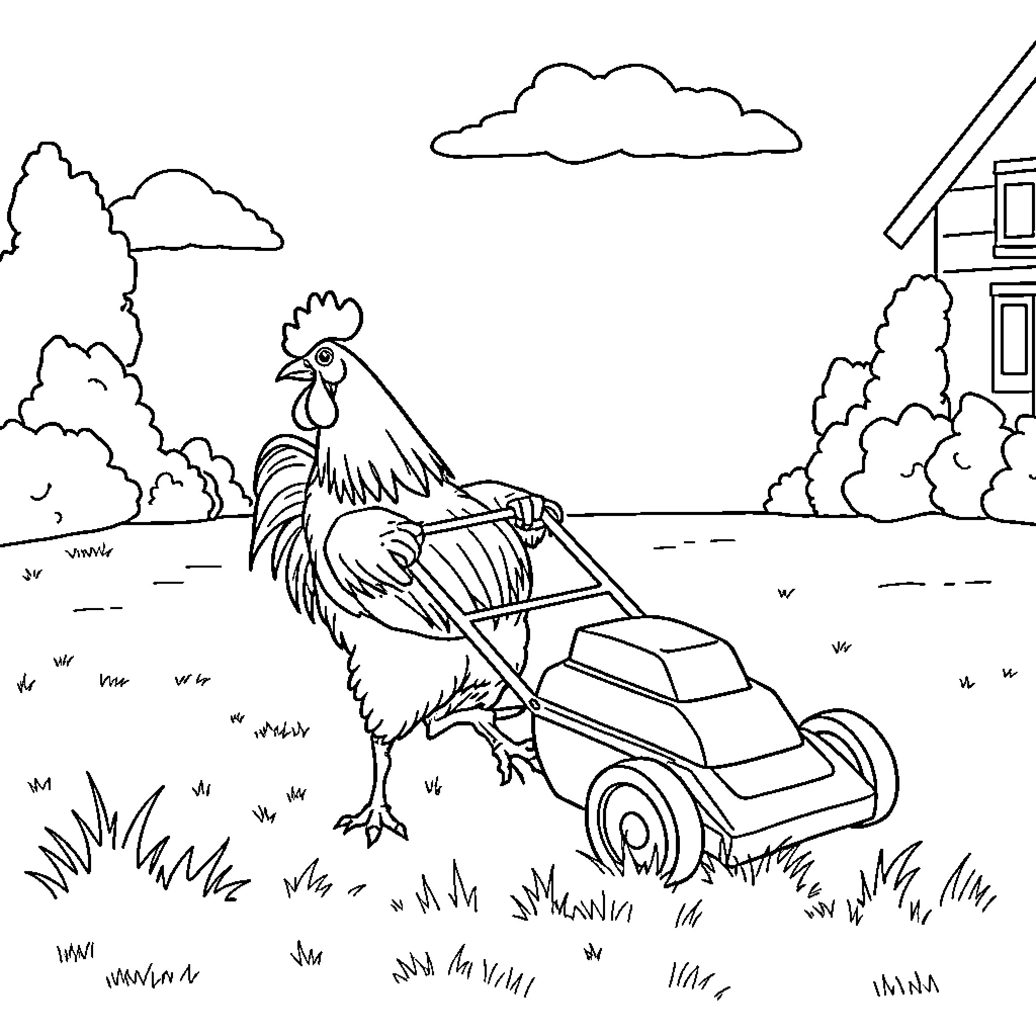 Rooster mowing the lawn with lawn mower Coloring Page (free black-and-white line drawing printable PDF for all, from beginners to advanced learners, including children, teens, adults, and seniors)