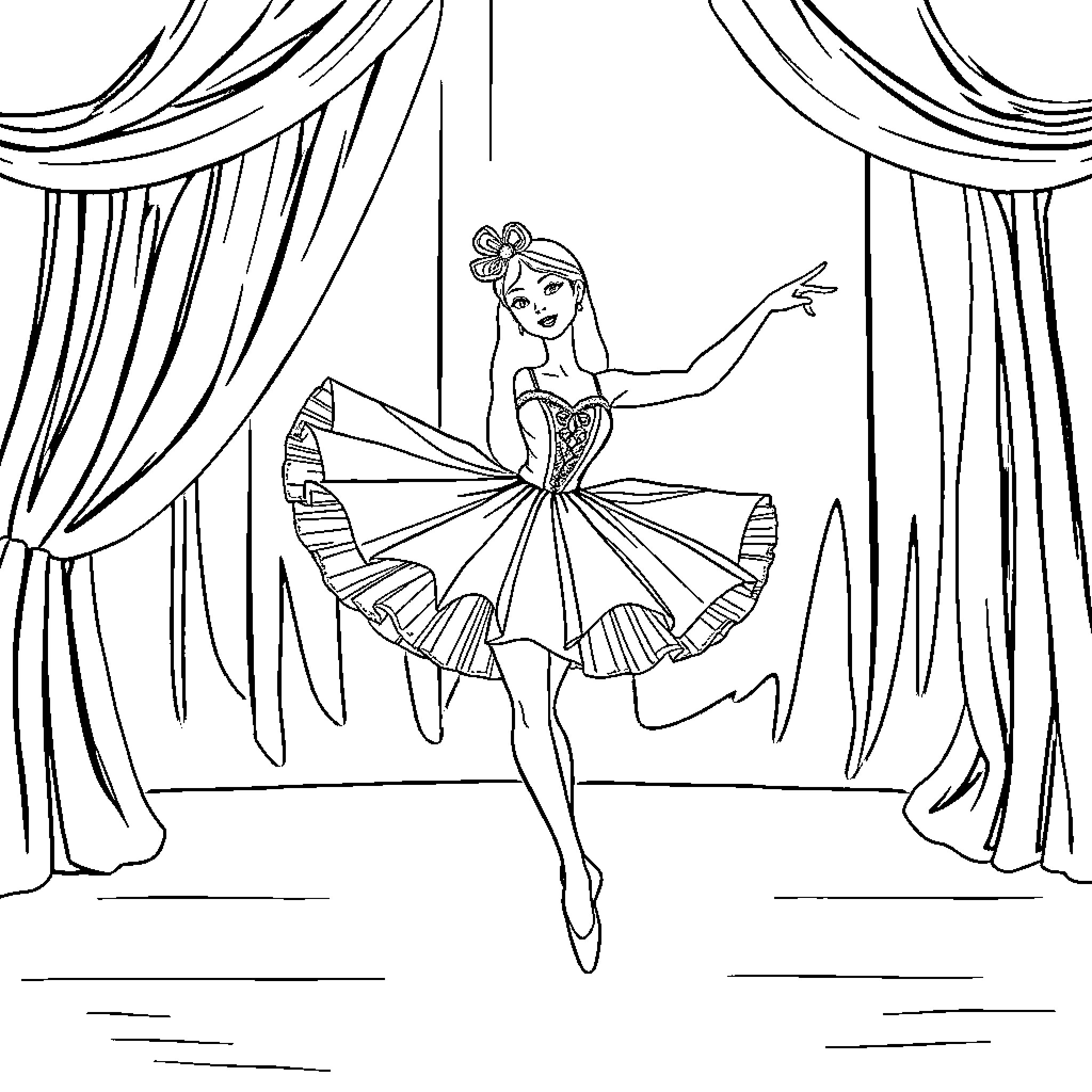Ballerina performing graceful dance on stage Coloring Page (free black-and-white line drawing printable PDF for all, from beginners to advanced learners, including children, teens, adults, and seniors)