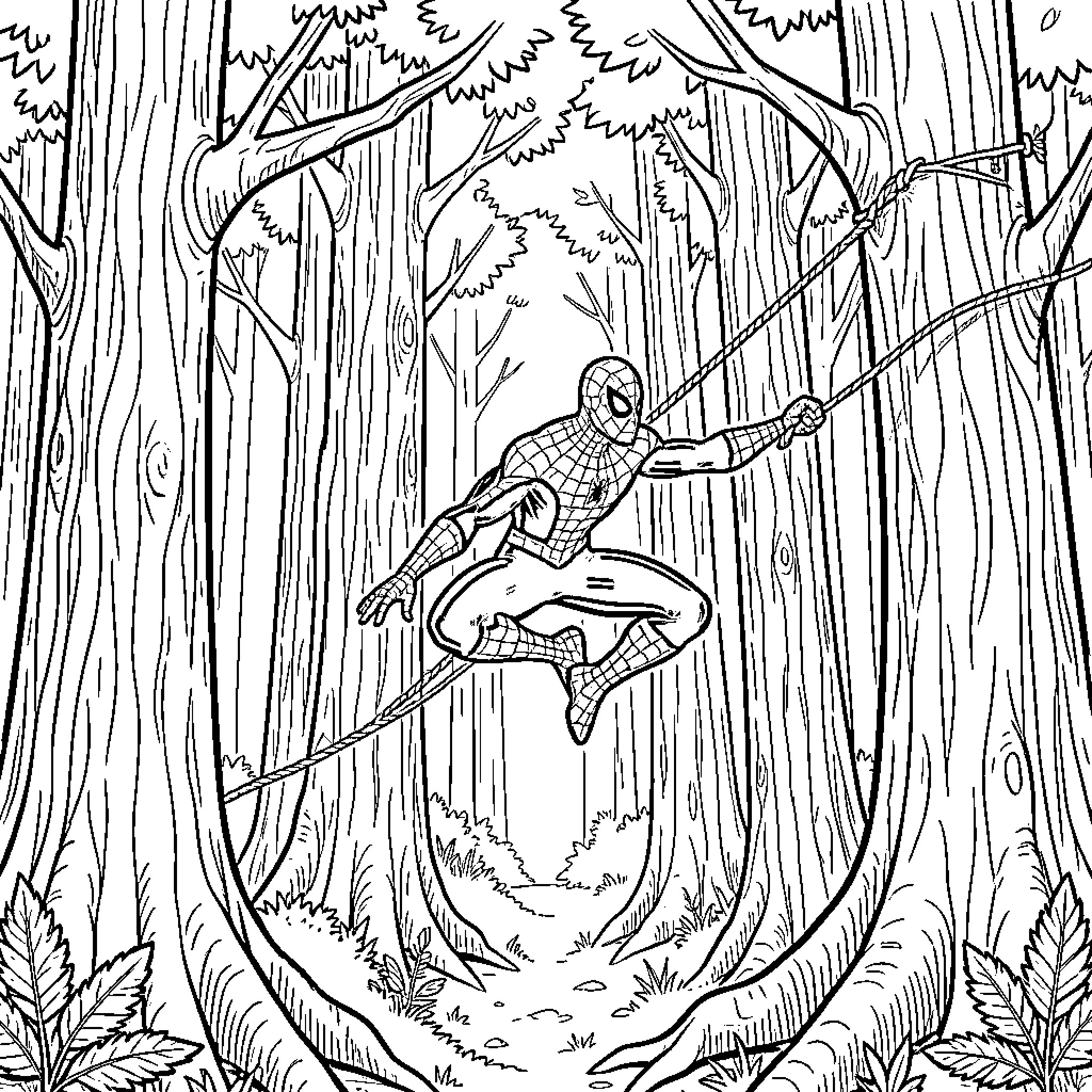 Spiderman swinging through a dense forest Coloring Page (free black-and-white line drawing printable PDF for all, from beginners to advanced learners, including children, teens, adults, and seniors)