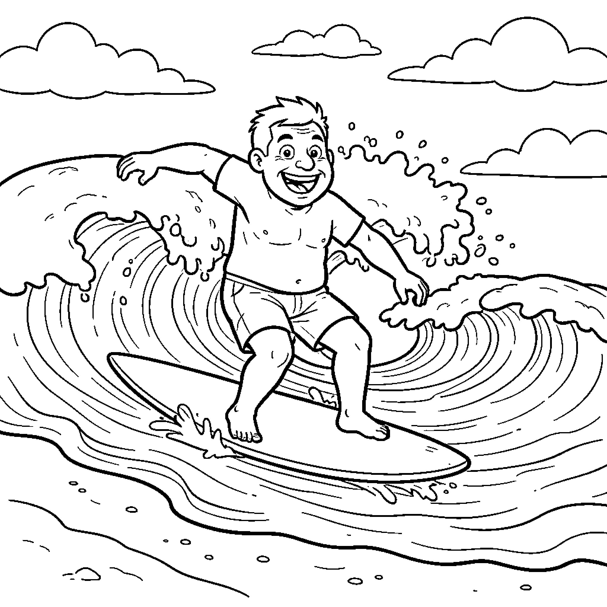 Goofy man surfing excitedly on a large ocean wave Coloring Page (free black-and-white line drawing printable PDF for all, from beginners to advanced learners, including children, teens, adults, and seniors)