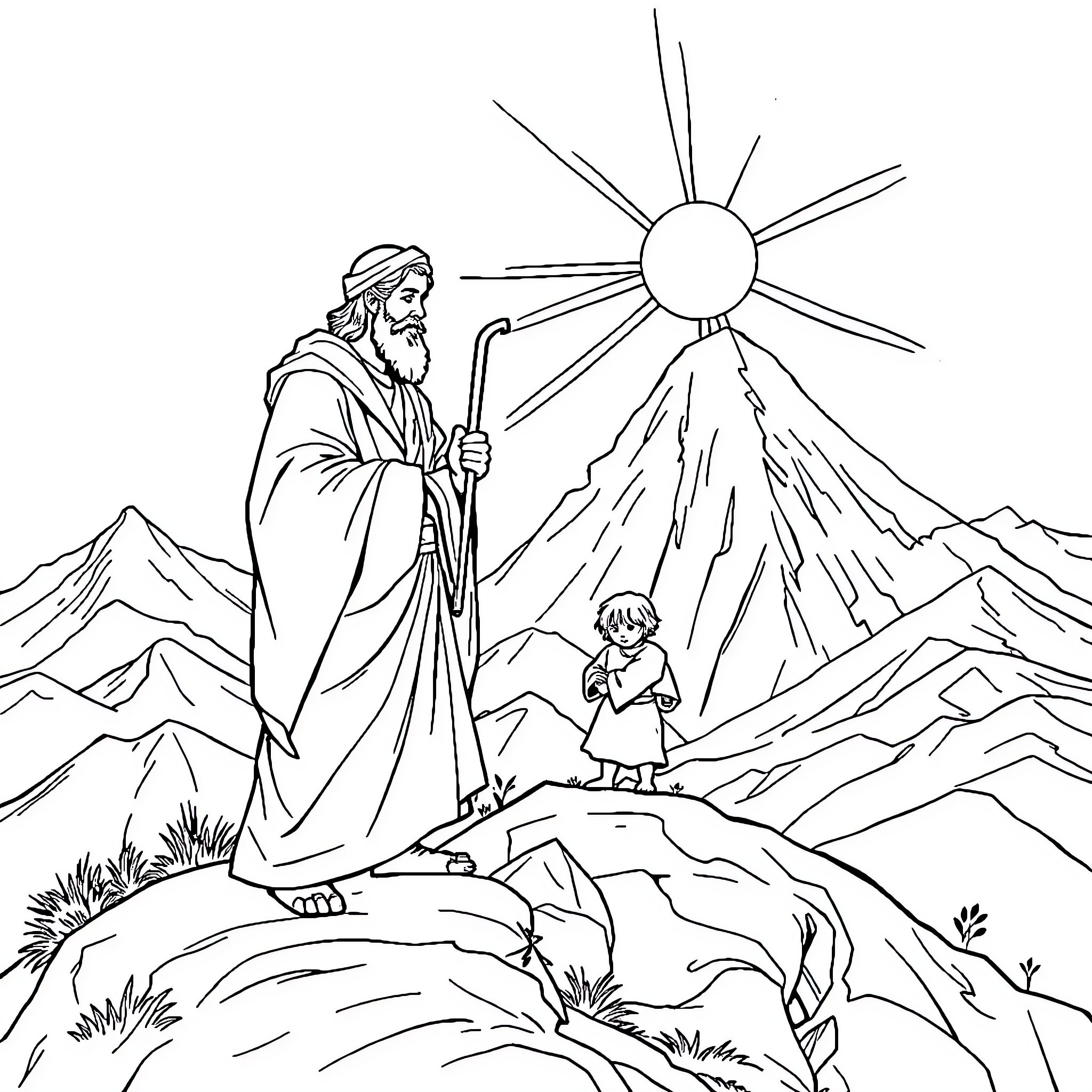 Abraham's Journey in the Mountainous Landscape Coloring Page (free black-and-white line drawing printable PDF for all, from beginners to advanced learners, including children, teens, adults, and seniors)