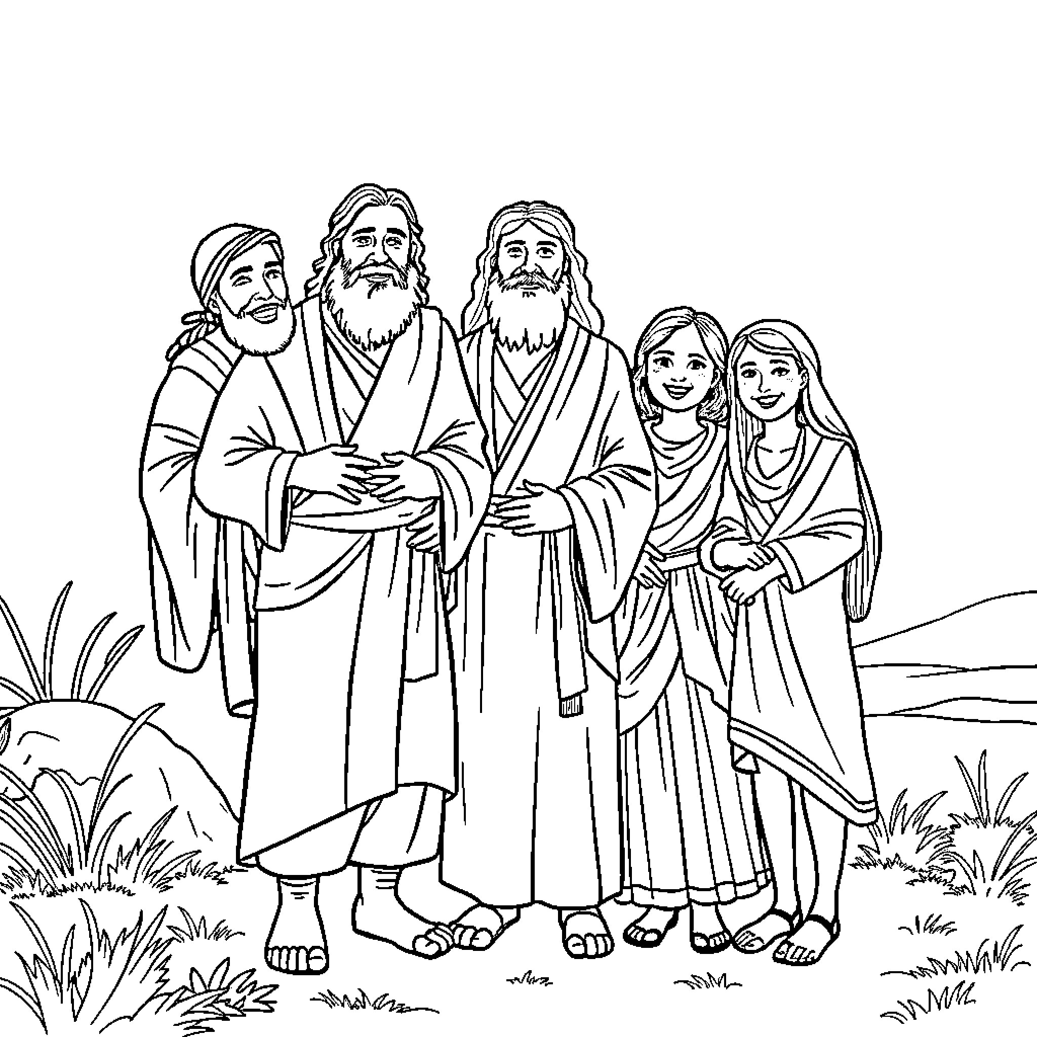 Noah and his family in a peaceful outdoor setting Coloring Page (free black-and-white line drawing printable PDF for all, from beginners to advanced learners, including children, teens, adults, and seniors)