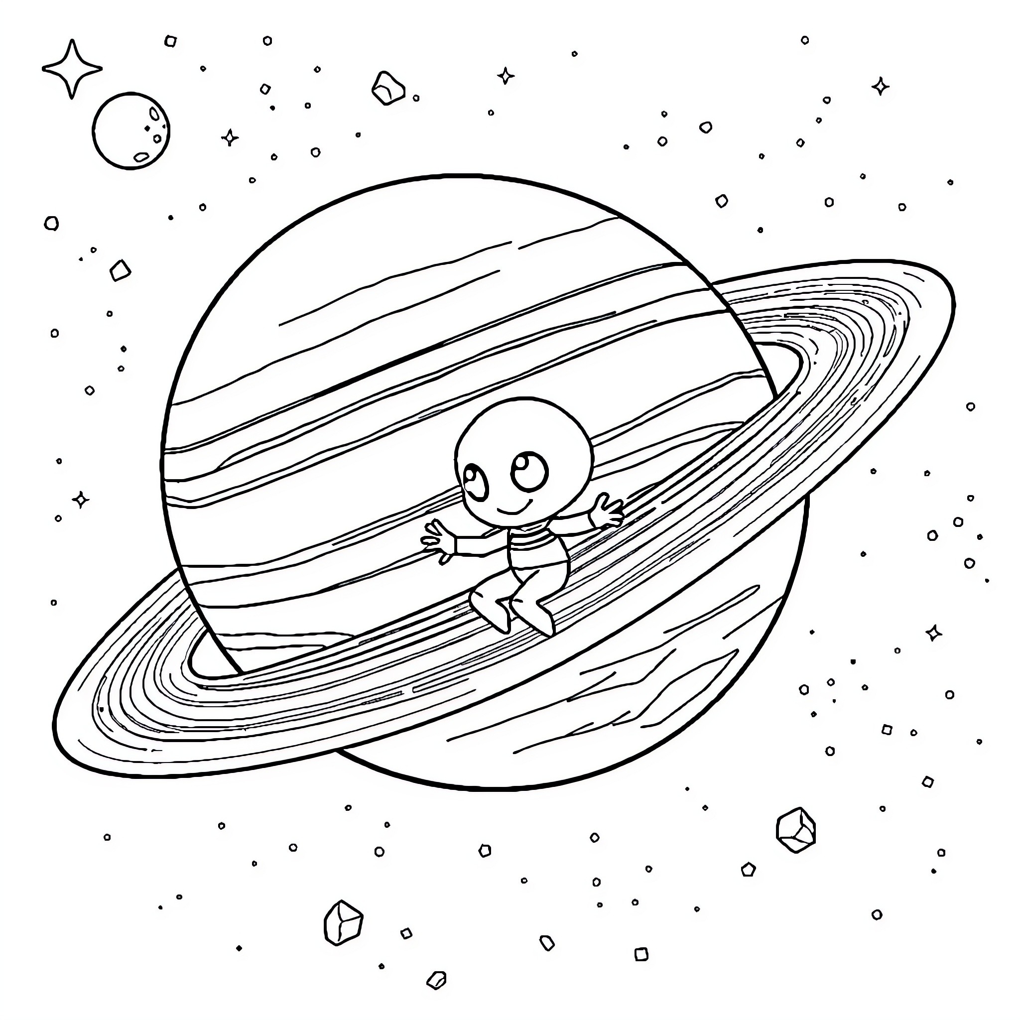 Martian exploring a ringed planet in the cosmos Coloring Page (free black-and-white line drawing printable PDF for all, from beginners to advanced learners, including children, teens, adults, and seniors)
