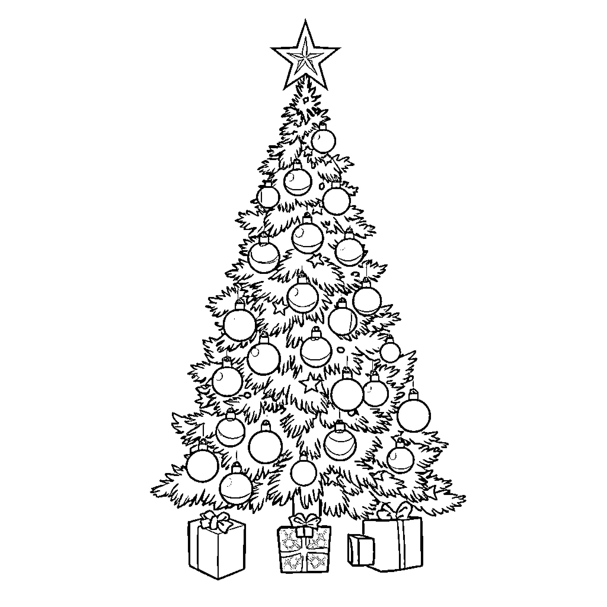 Christmas Tree with Ornaments and Gifts Coloring Page (free black-and-white line drawing printable PDF for all, from beginners to advanced learners, including children, teens, adults, and seniors)