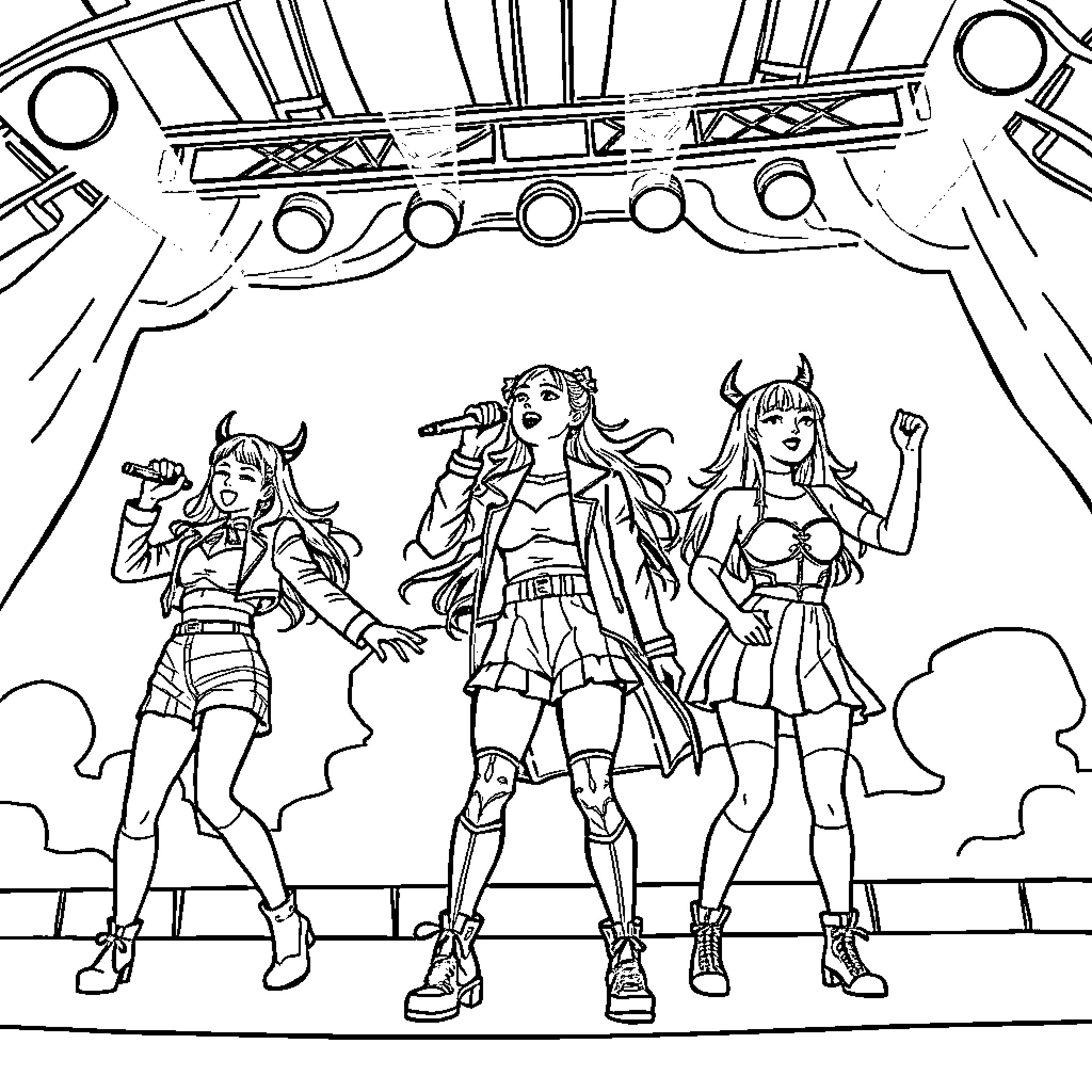 Kpop Demon Hunter: Fierce Female Warriors in Action Coloring Page (free black-and-white line drawing printable PDF for all, from beginners to advanced learners, including children, teens, adults, and seniors)