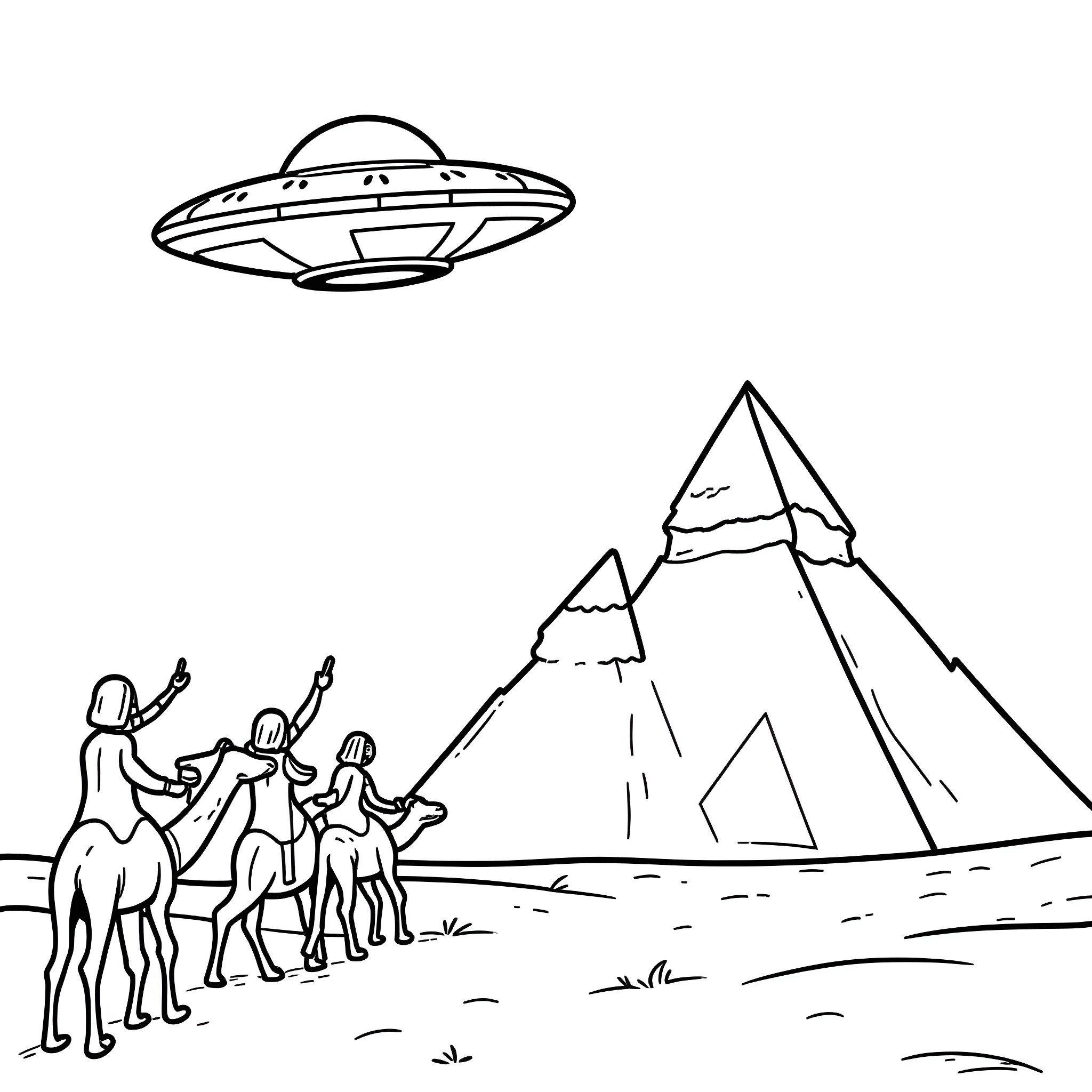 UFO encounters with mysterious creatures in the desert Coloring Page (free black-and-white line drawing printable PDF for all, from beginners to advanced learners, including children, teens, adults, and seniors)