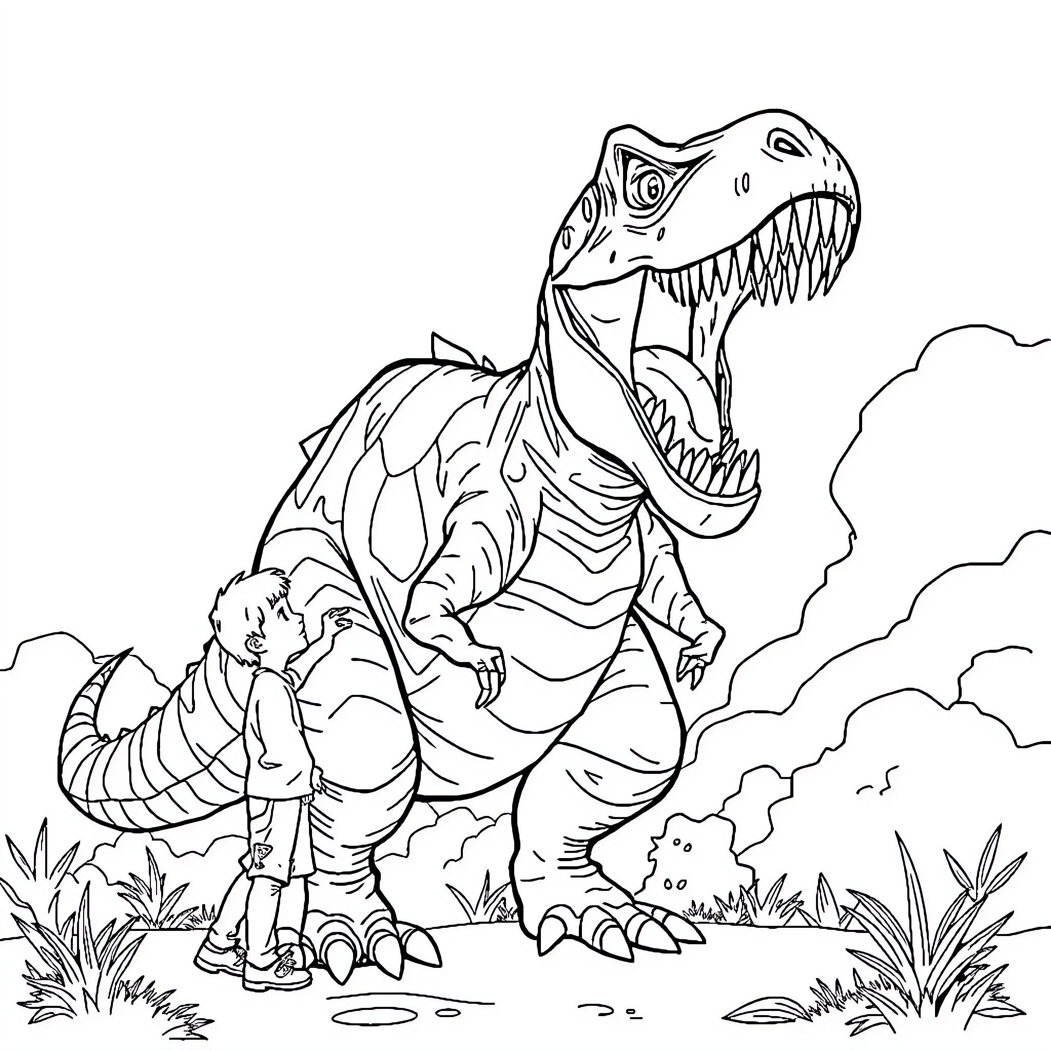 Boy exploring giant dinosaur in nature Coloring Page (free black-and-white line drawing printable PDF for all, from beginners to advanced learners, including children, teens, adults, and seniors)