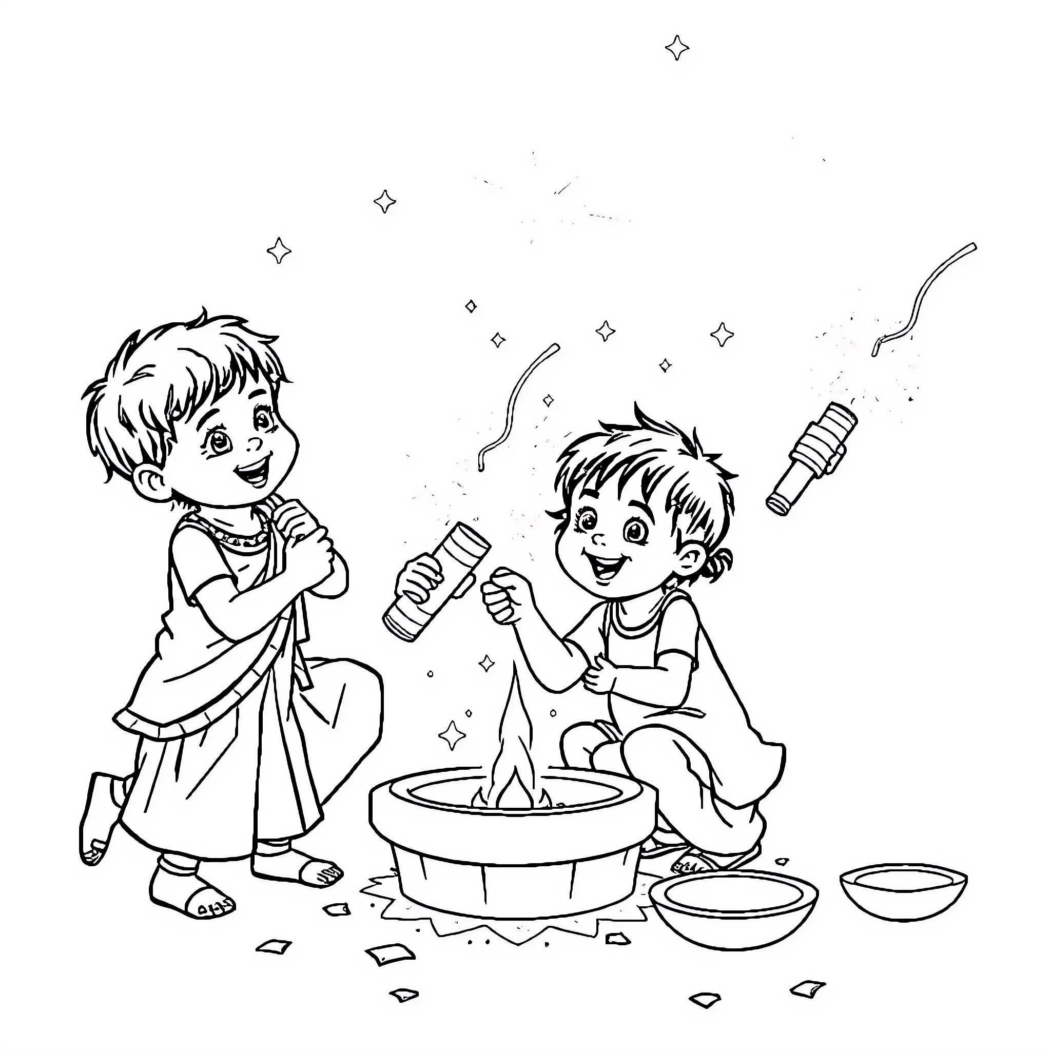Children playing with science experiment Coloring Page (free black-and-white line drawing printable PDF for all, from beginners to advanced learners, including children, teens, adults, and seniors)