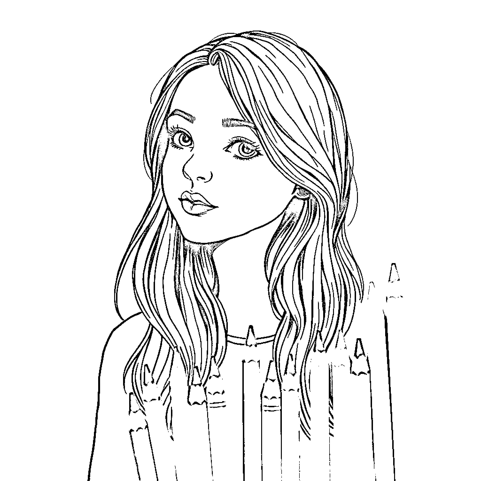 Girl with thoughtful expression and long hair Coloring Page (free black-and-white line drawing printable PDF for all, from beginners to advanced learners, including children, teens, adults, and seniors)