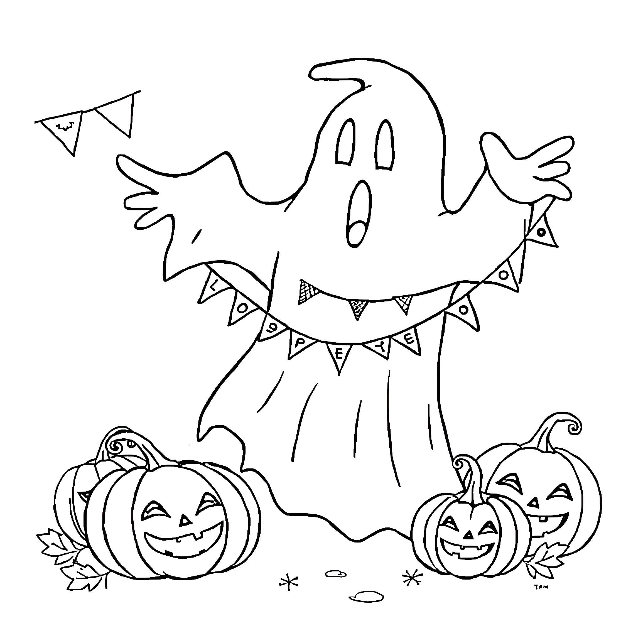 Ghost celebrating Halloween with pumpkins and flags Coloring Page (free black-and-white line drawing printable PDF for all, from beginners to advanced learners, including children, teens, adults, and seniors)