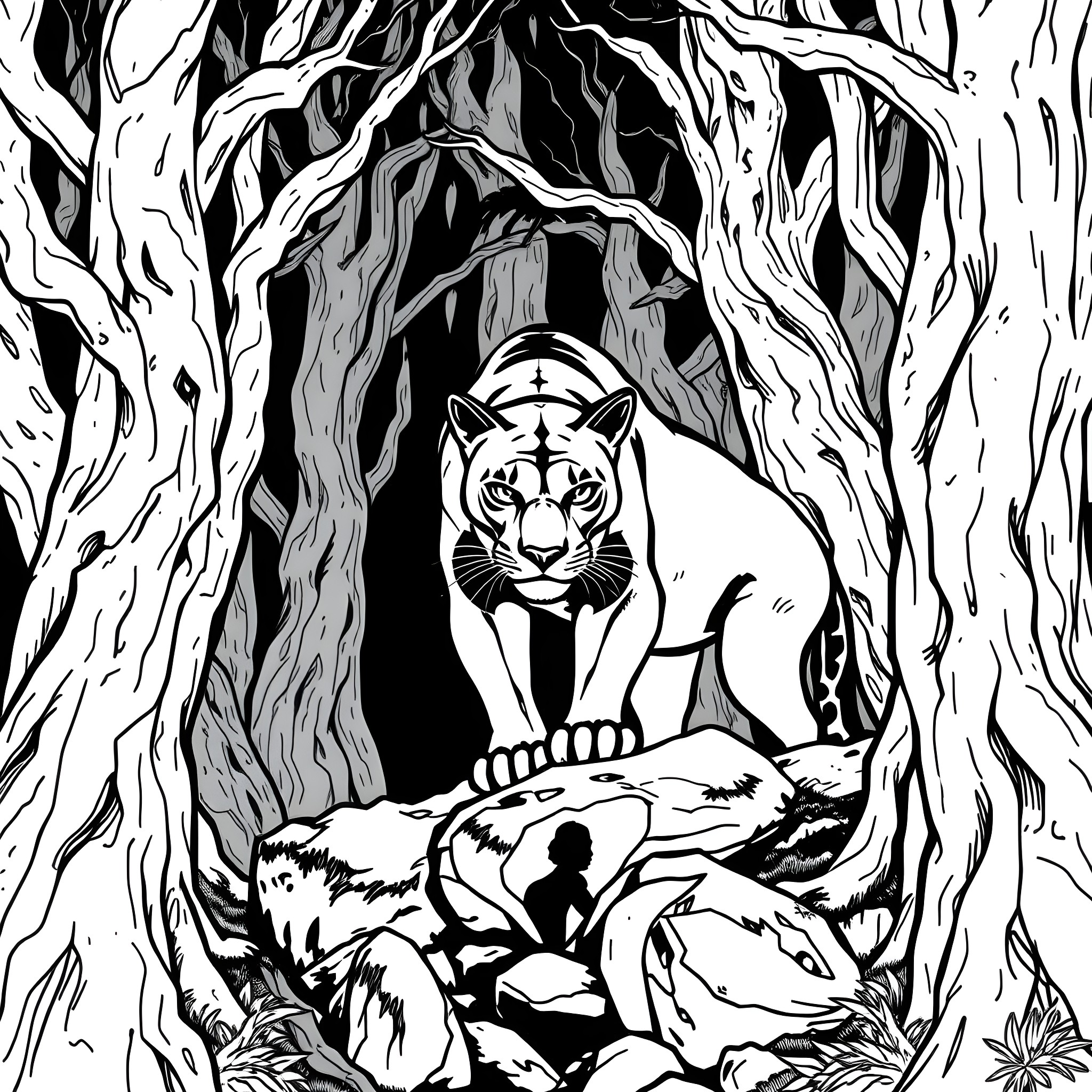 Panther in the Mystical Forest Coloring Page (free black-and-white line drawing printable PDF for all, from beginners to advanced learners, including children, teens, adults, and seniors)