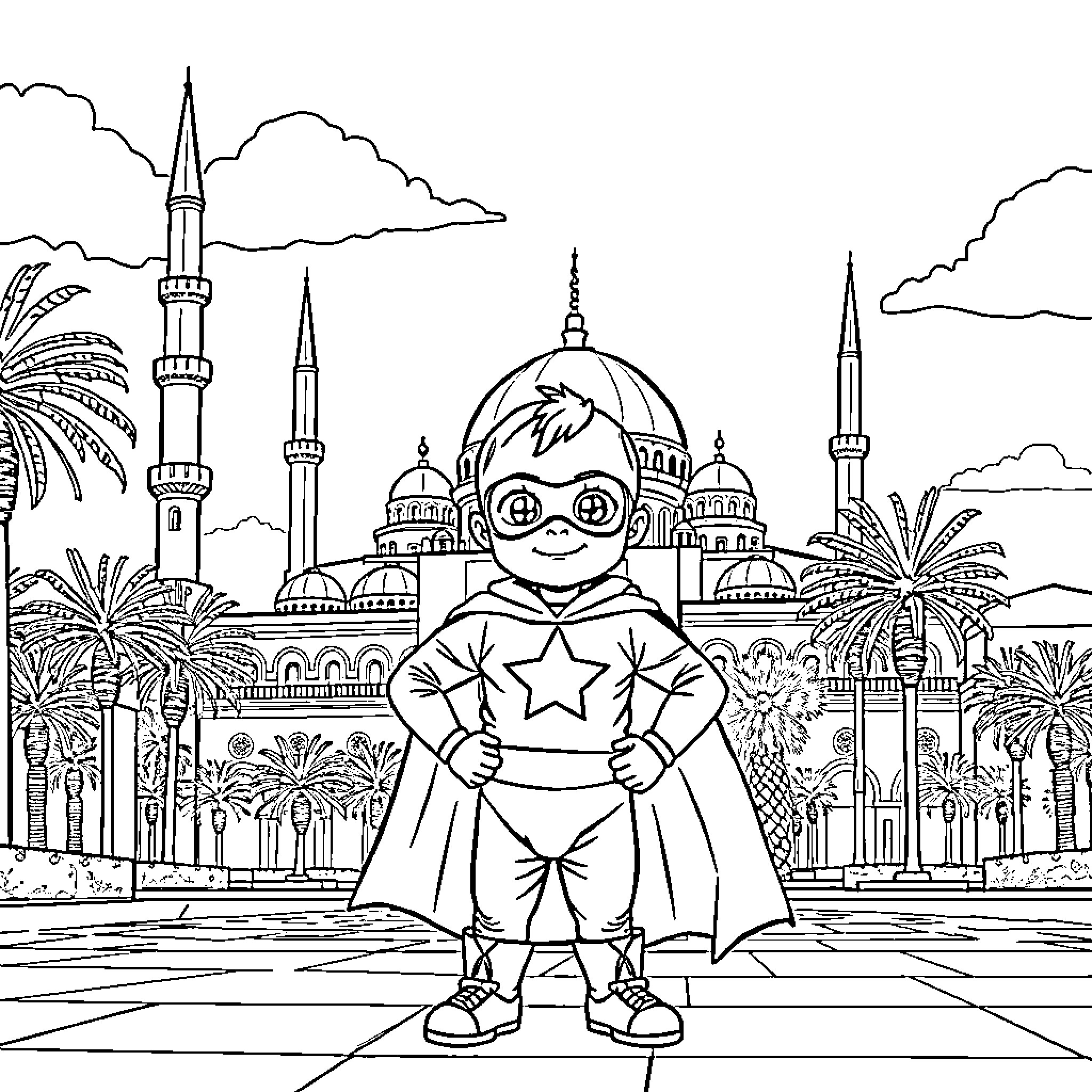 Baby Boy Superhero Exploring Vibrant Cityscape Coloring Page (free black-and-white line drawing printable PDF for all, from beginners to advanced learners, including children, teens, adults, and seniors)