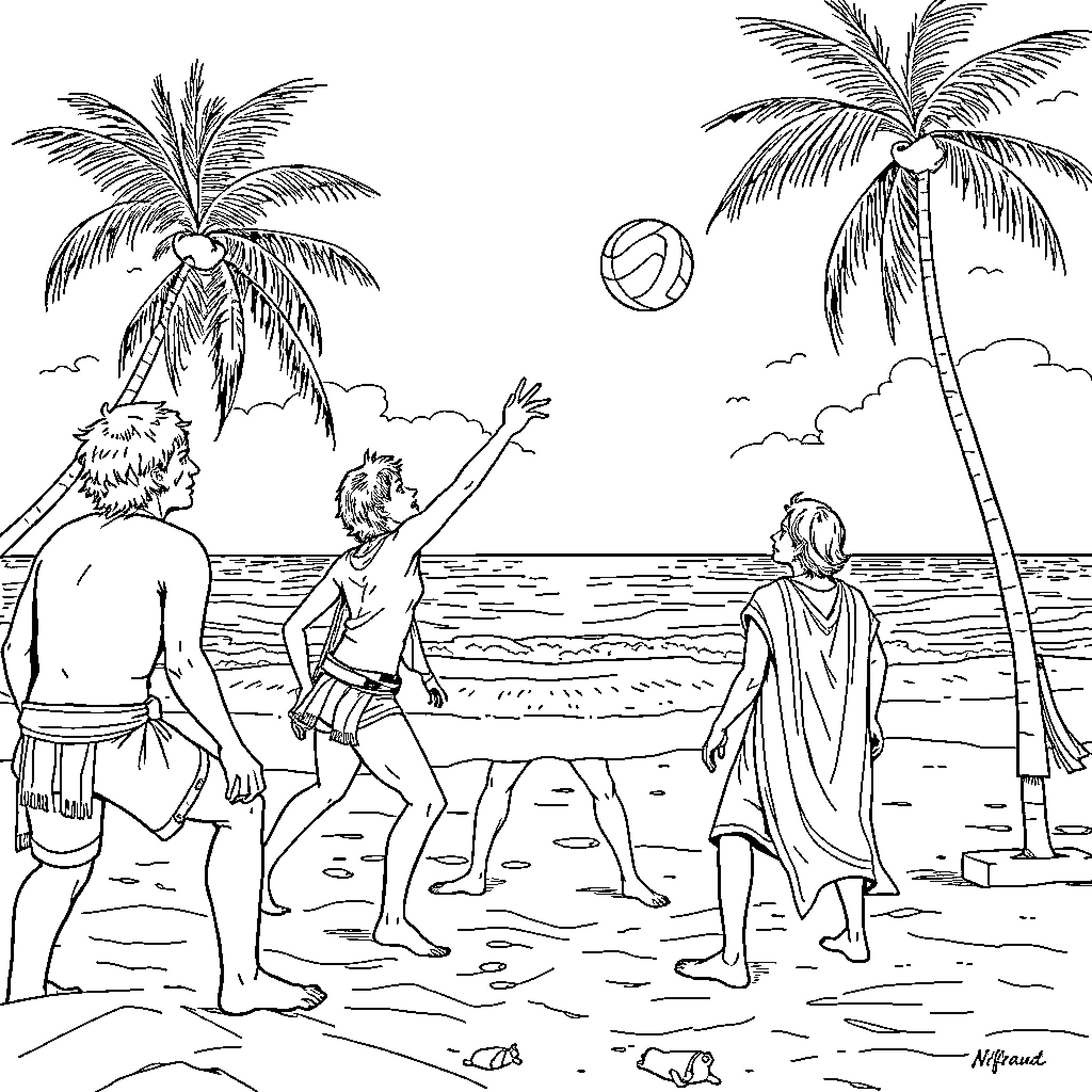 Luke Skywalker enjoying a beach day with friends Coloring Page (free black-and-white line drawing printable PDF for all, from beginners to advanced learners, including children, teens, adults, and seniors)