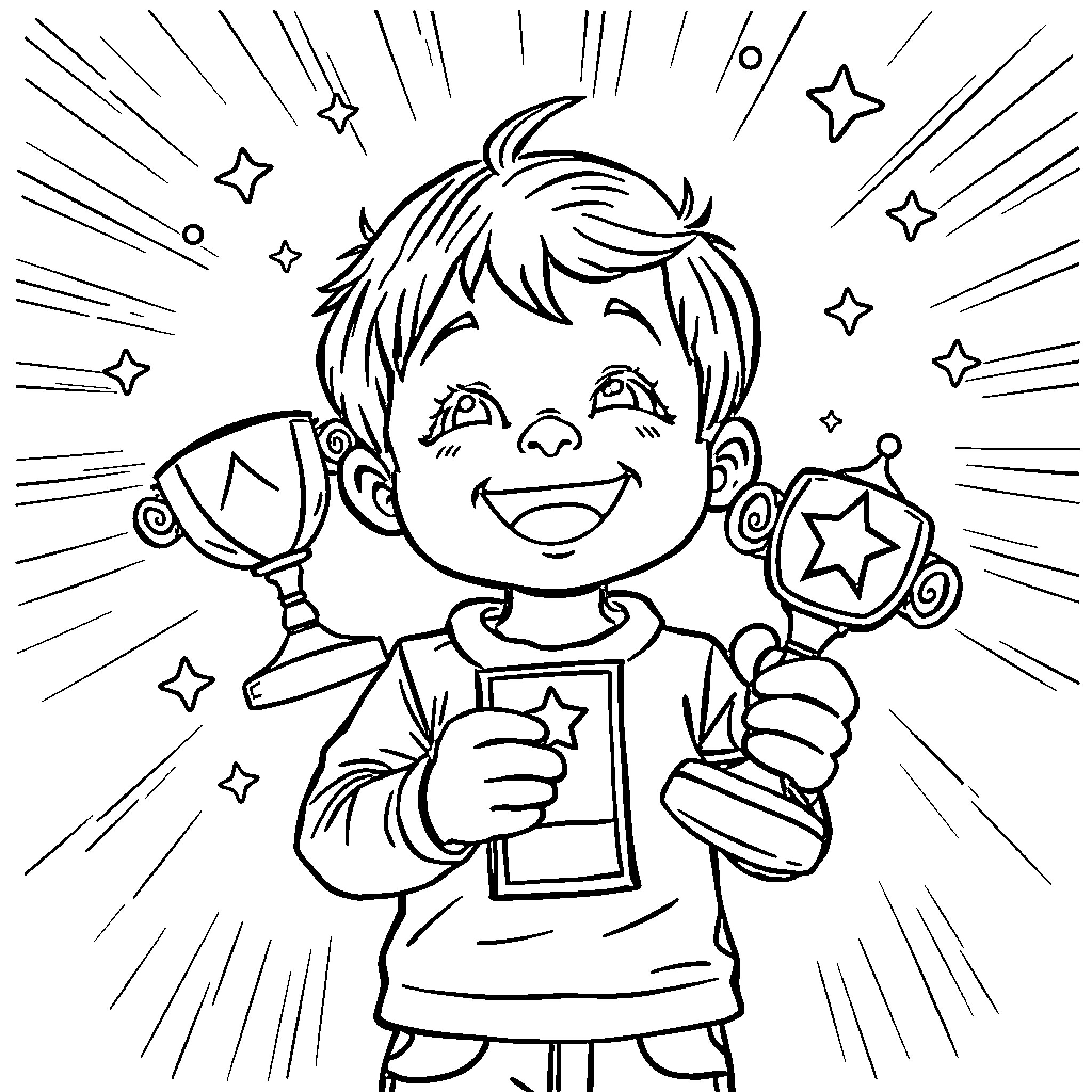 Toddler boy celebrating with trophy and stars Coloring Page (free black-and-white line drawing printable PDF for all, from beginners to advanced learners, including children, teens, adults, and seniors)