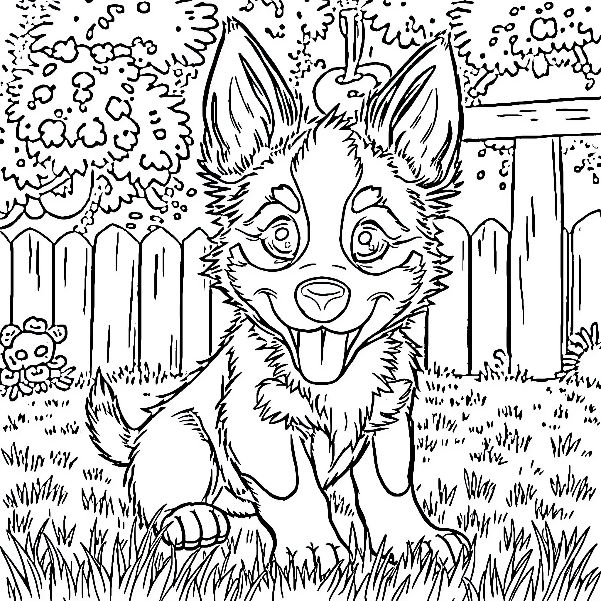 Bluey playing happily in the backyard Coloring Page (free black-and-white line drawing printable PDF for all, from beginners to advanced learners, including children, teens, adults, and seniors)