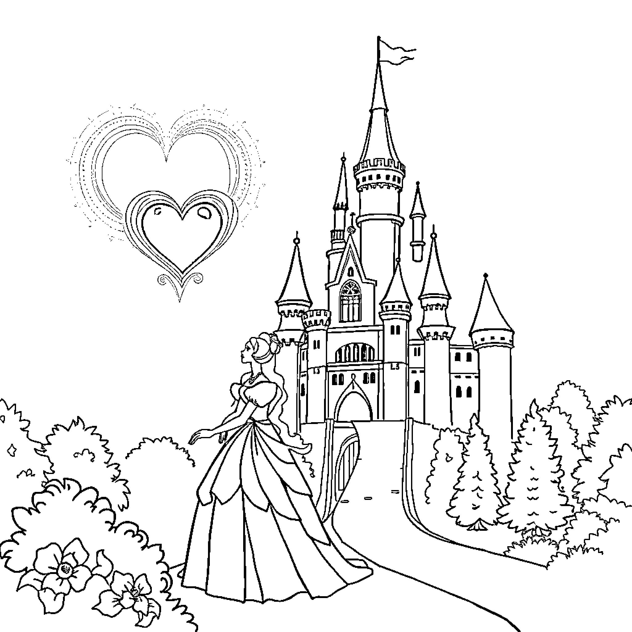 Heart-shaped castle with princess in elegant dress Coloring Page (free black-and-white line drawing printable PDF for all, from beginners to advanced learners, including children, teens, adults, and seniors)