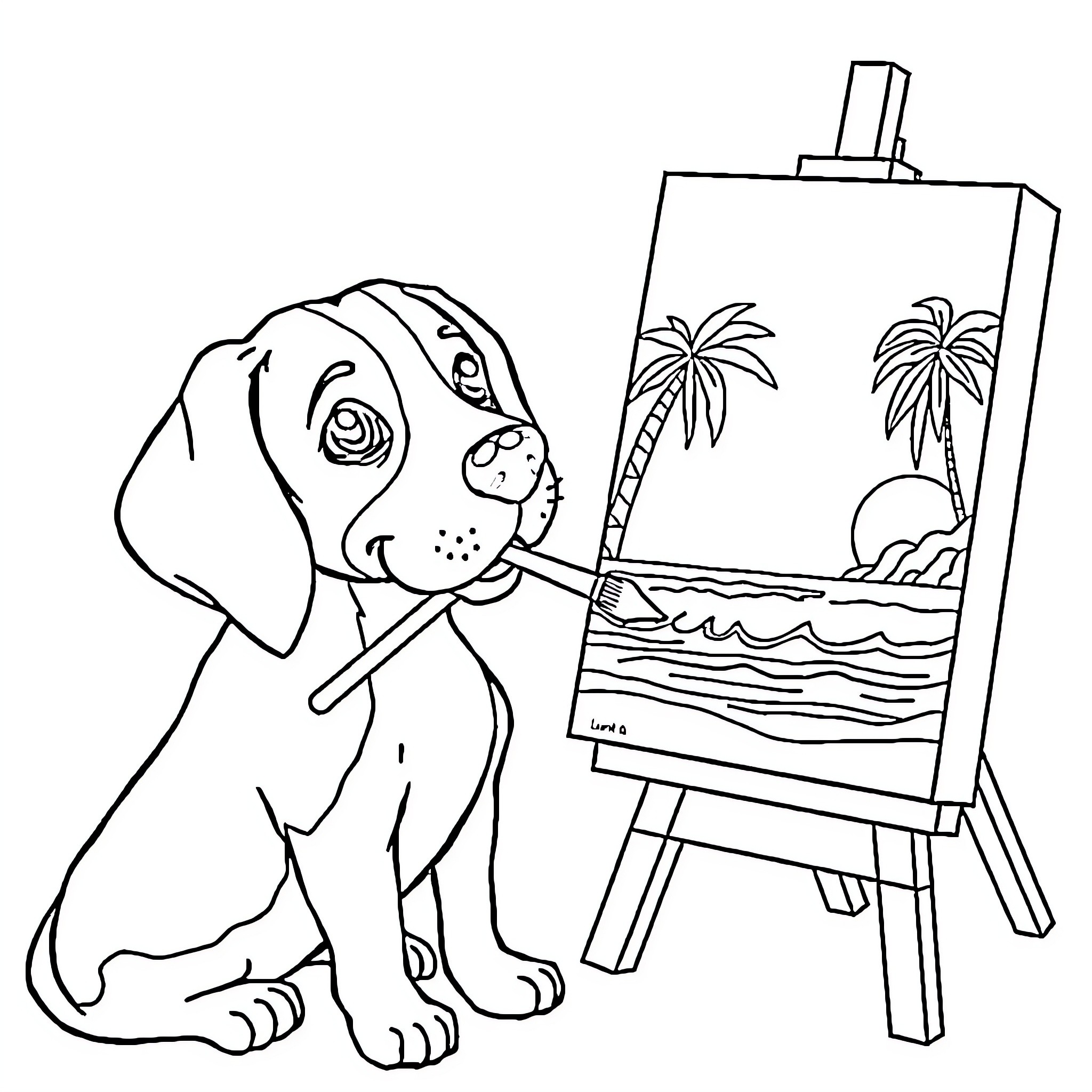 Beagle painting a tropical landscape Coloring Page (free black-and-white line drawing printable PDF for all, from beginners to advanced learners, including children, teens, adults, and seniors)
