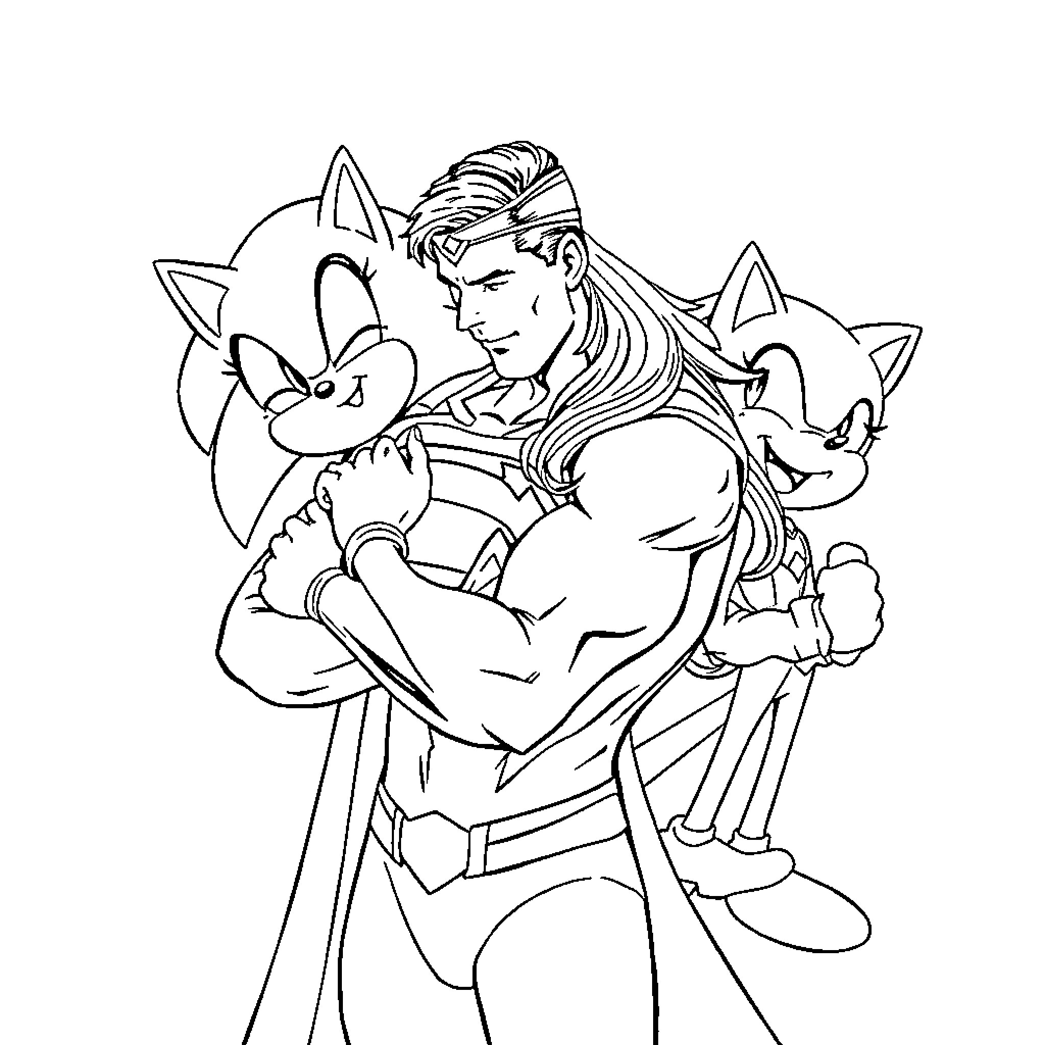 Superman protecting his animal companions Coloring Page (free black-and-white line drawing printable PDF for all, from beginners to advanced learners, including children, teens, adults, and seniors)