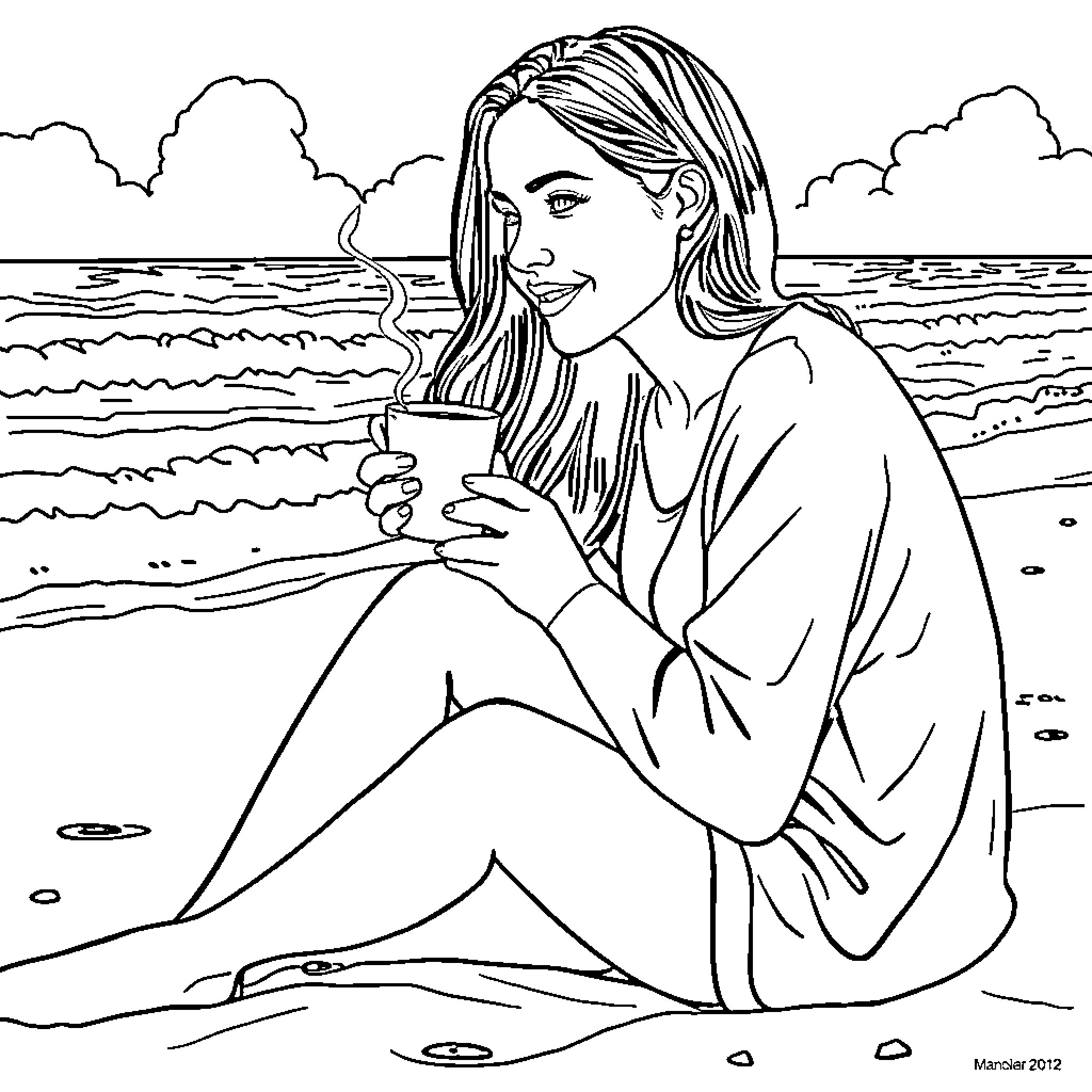 Woman enjoying a hot drink on the beach Coloring Page (free black-and-white line drawing printable PDF for all, from beginners to advanced learners, including children, teens, adults, and seniors)