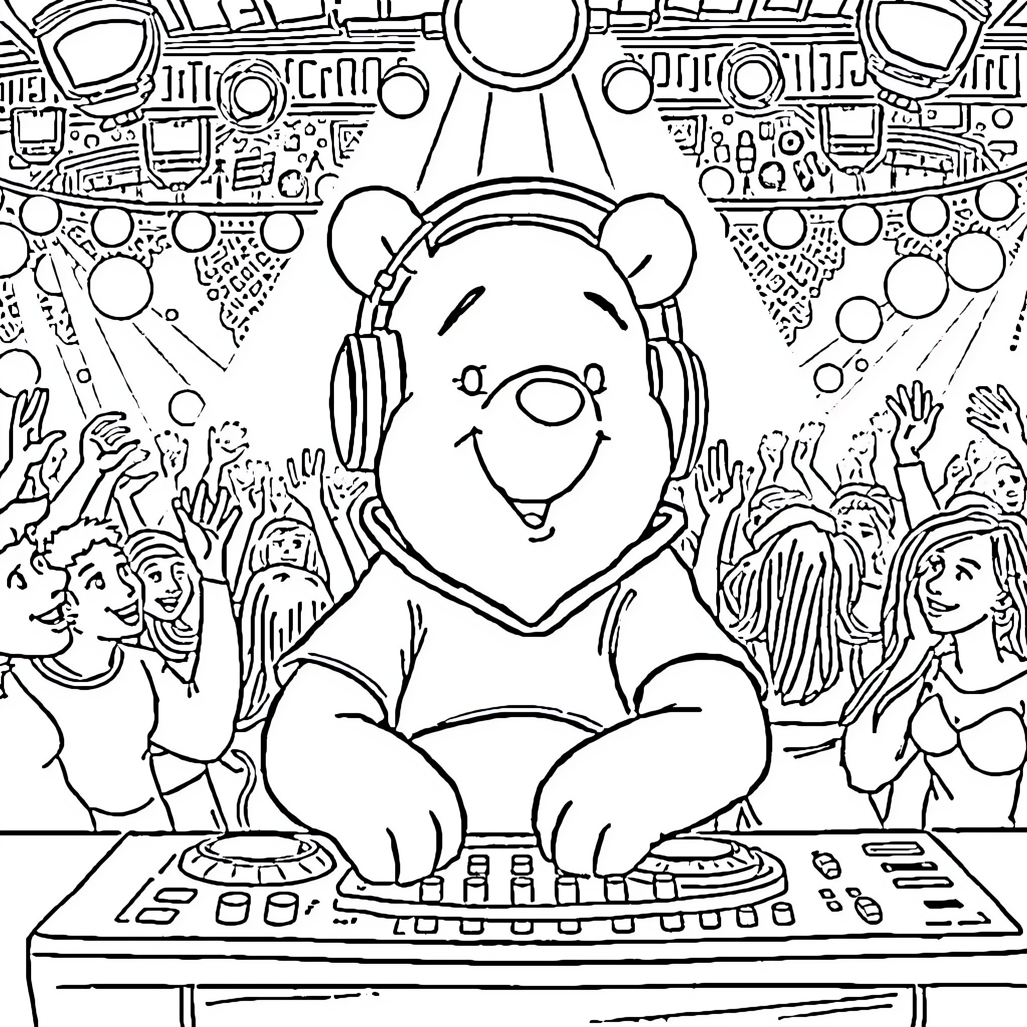 Winnie The Pooh Enjoying Music and Dancing with Friends Coloring Page (free black-and-white line drawing printable PDF for all, from beginners to advanced learners, including children, teens, adults, and seniors)