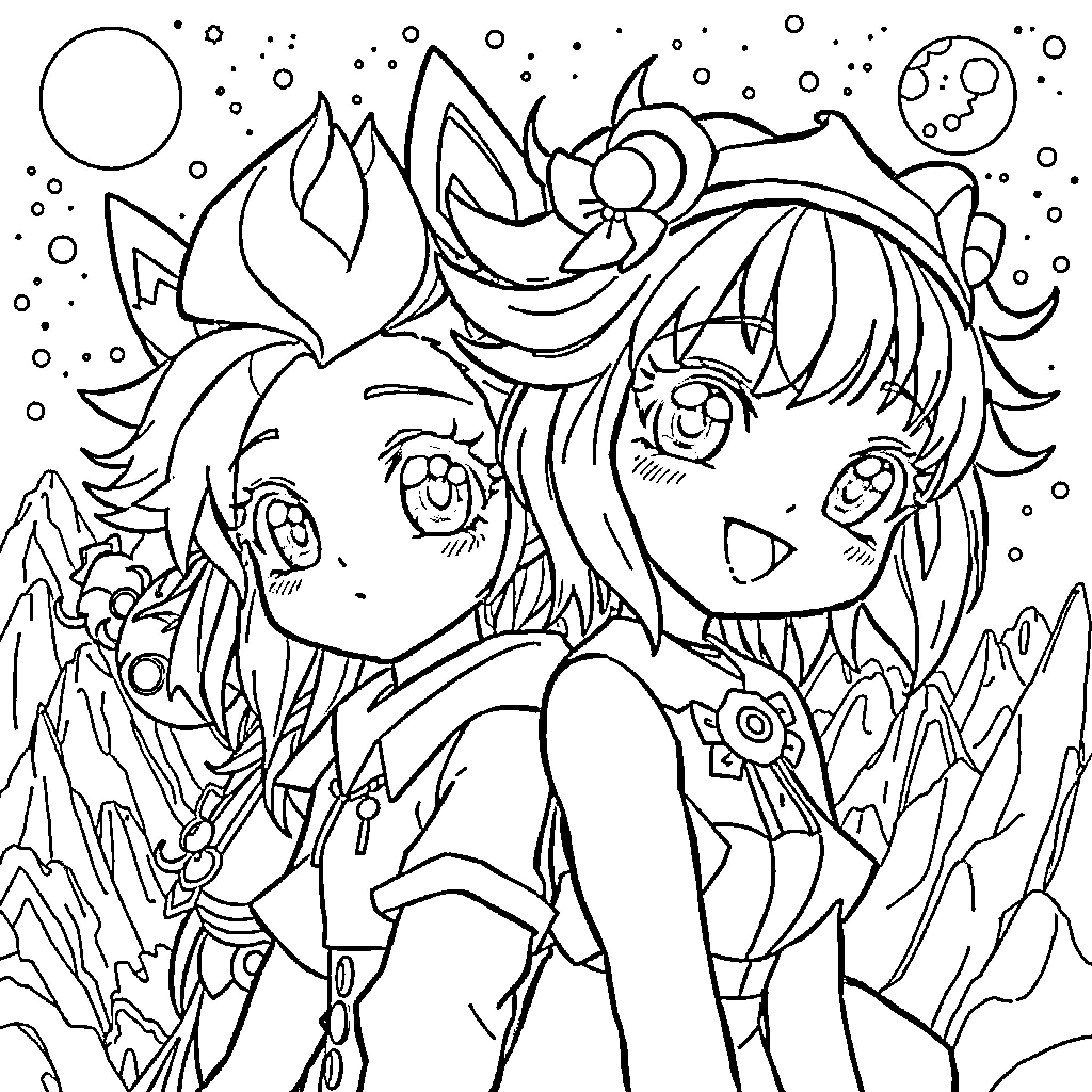 Anime Girl Exploring Whimsical Landscape Coloring Page (free black-and-white line drawing printable PDF for all, from beginners to advanced learners, including children, teens, adults, and seniors)