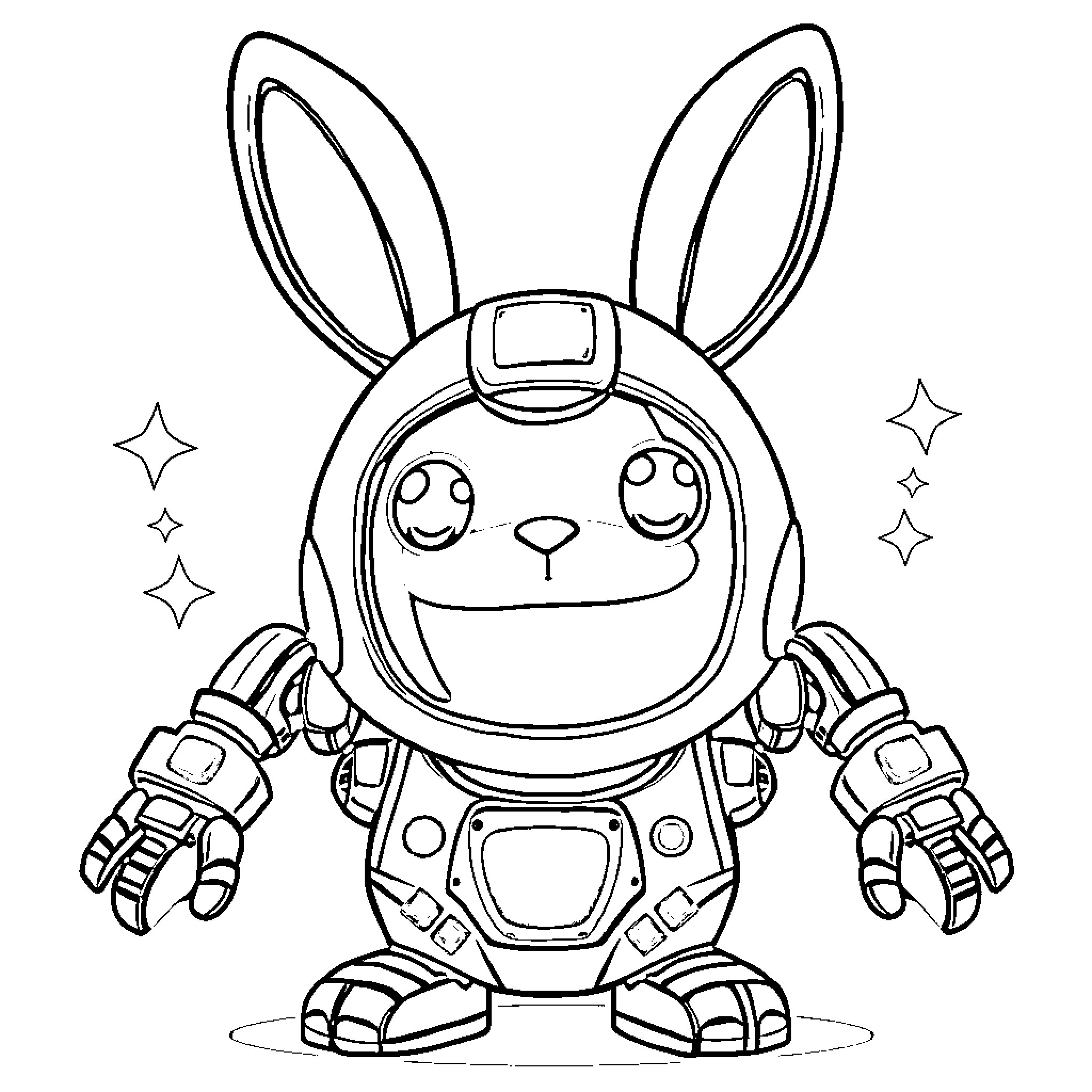 Robot rabbit astronaut exploring space with excitement Coloring Page (free black-and-white line drawing printable PDF for all, from beginners to advanced learners, including children, teens, adults, and seniors)