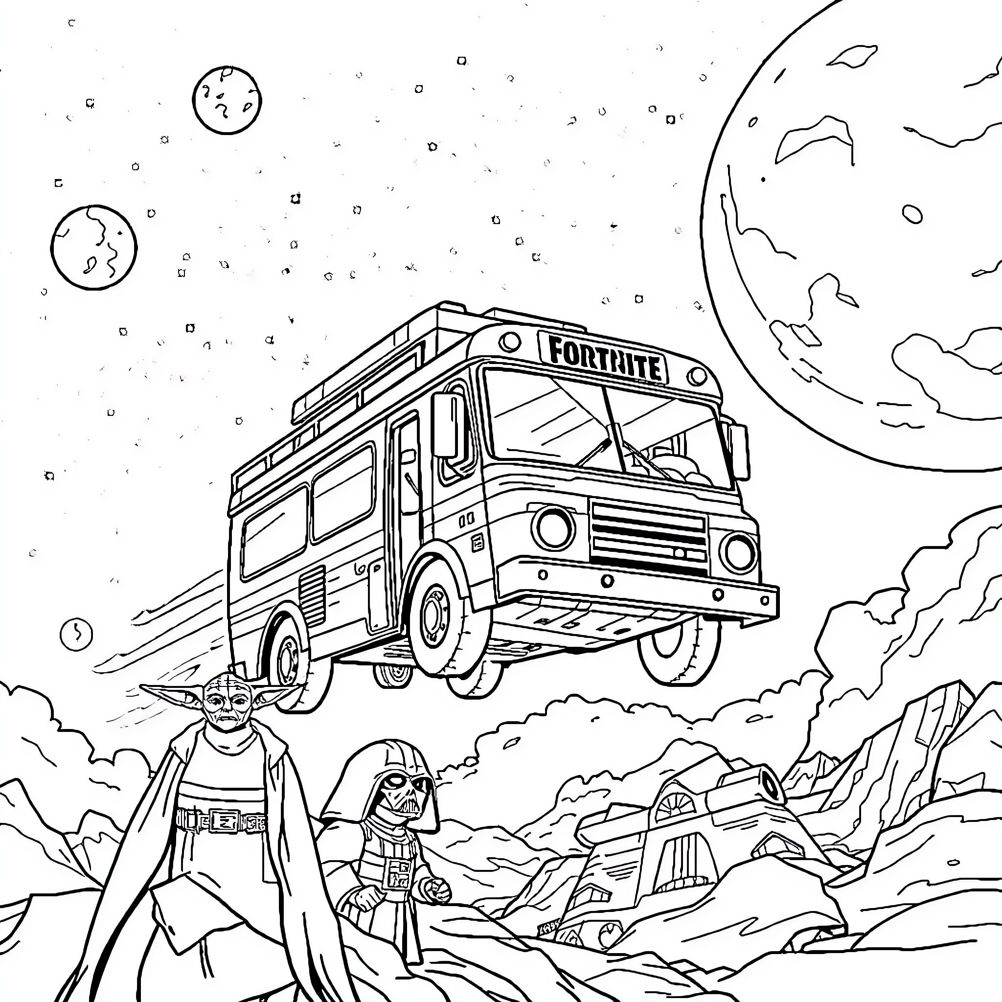 Battle Bus soaring through the alien landscape Coloring Page (free black-and-white line drawing printable PDF for all, from beginners to advanced learners, including children, teens, adults, and seniors)