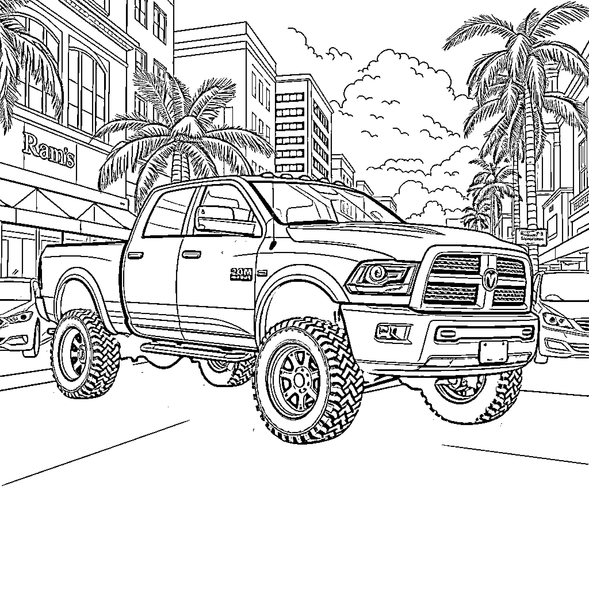 Ram Truck Driving on City Street Coloring Page (free black-and-white line drawing printable PDF for all, from beginners to advanced learners, including children, teens, adults, and seniors)
