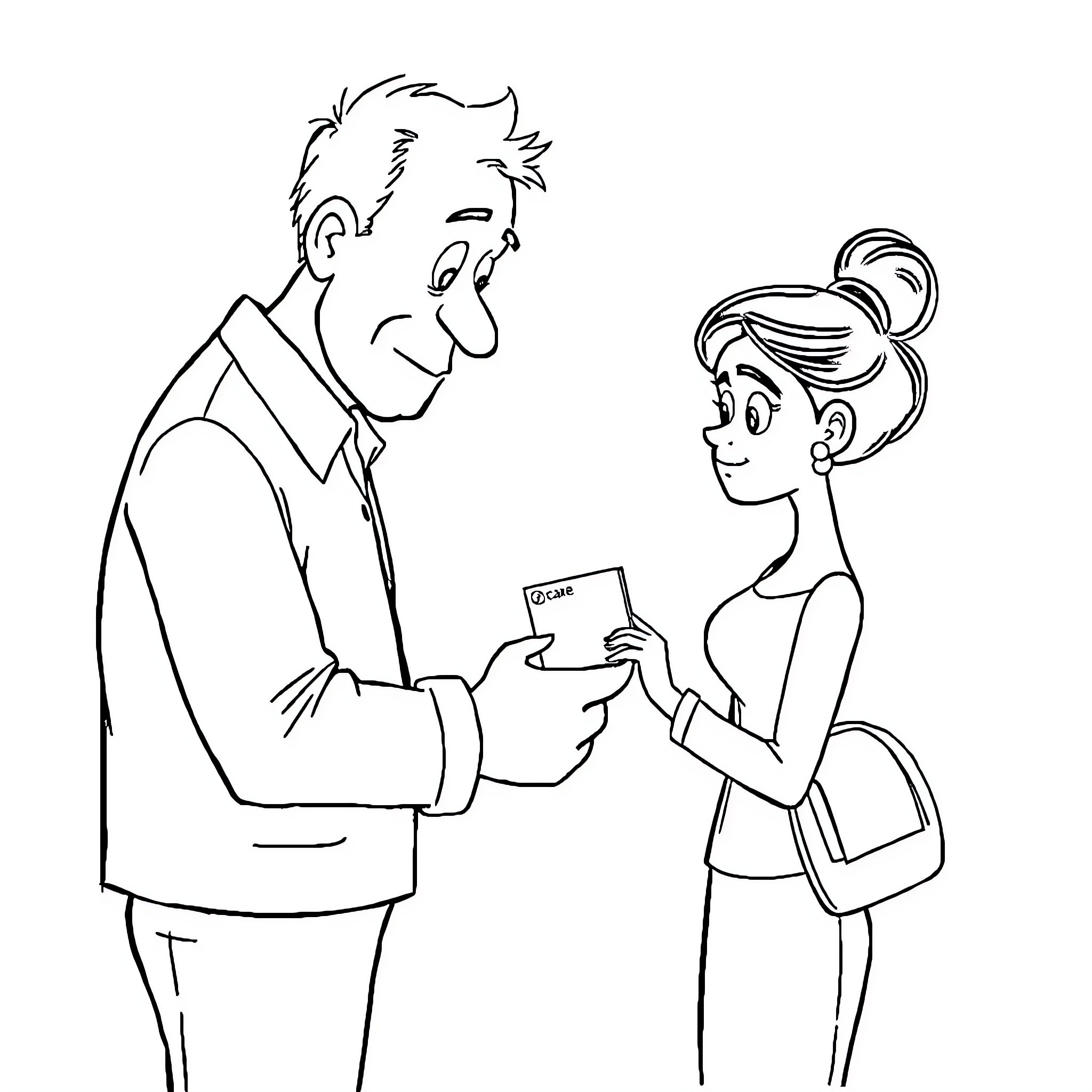 Papa and daughter sharing a special moment Coloring Page (free black-and-white line drawing printable PDF for all, from beginners to advanced learners, including children, teens, adults, and seniors)