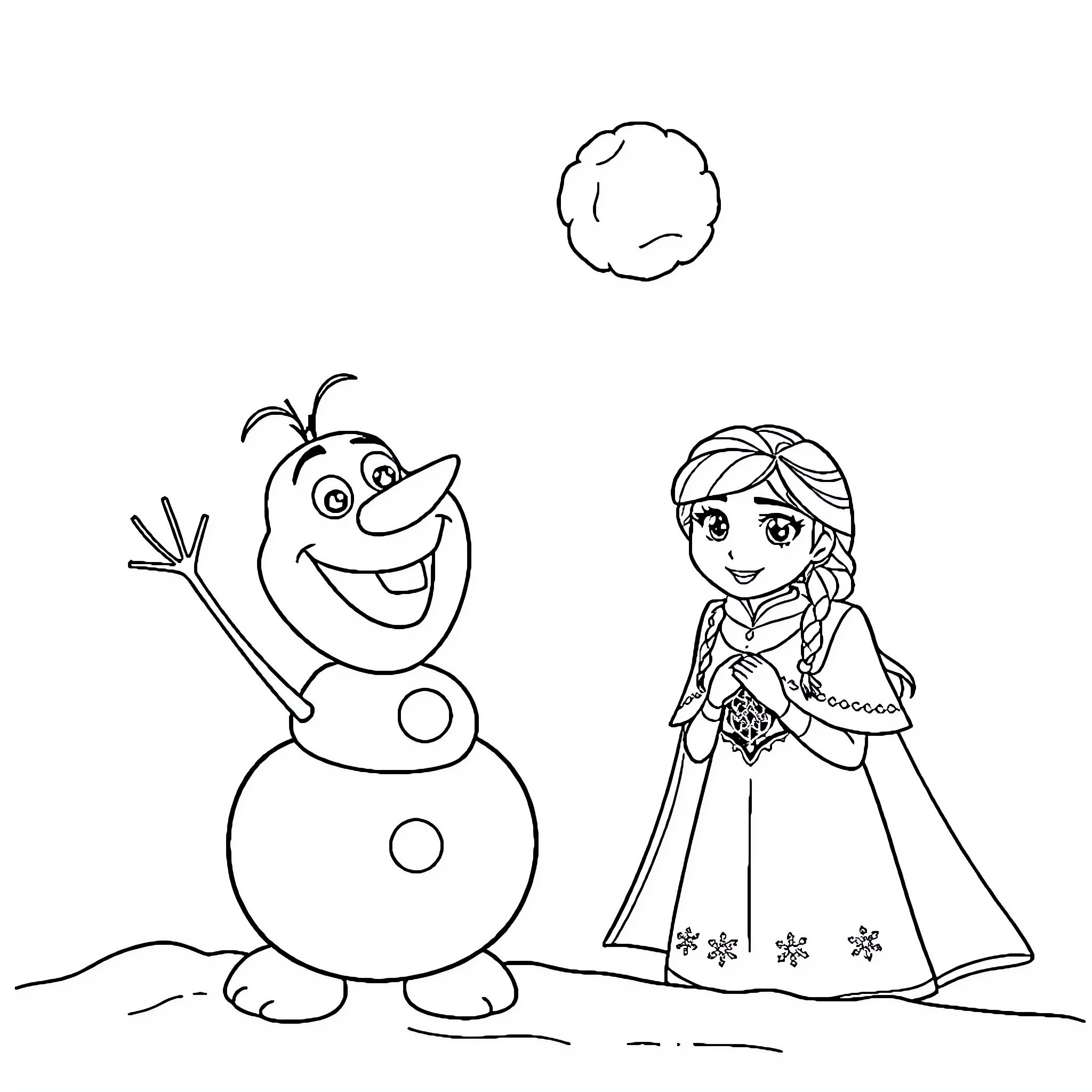Snowman and Princess in Winter Scene Coloring Page (free black-and-white line drawing printable PDF for all, from beginners to advanced learners, including children, teens, adults, and seniors)