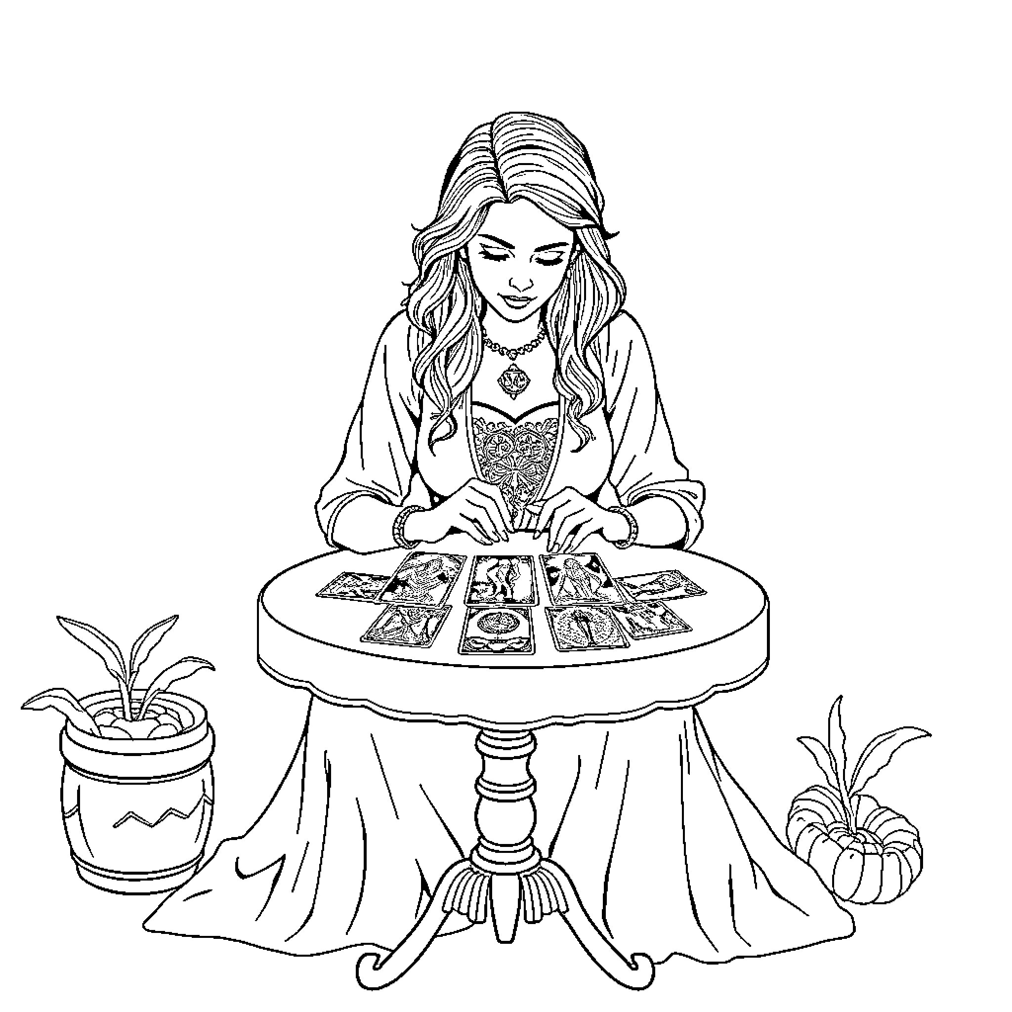 Book of Tarot Cards and Mystical Fortune Telling Coloring Page (free black-and-white line drawing printable PDF for all, from beginners to advanced learners, including children, teens, adults, and seniors)
