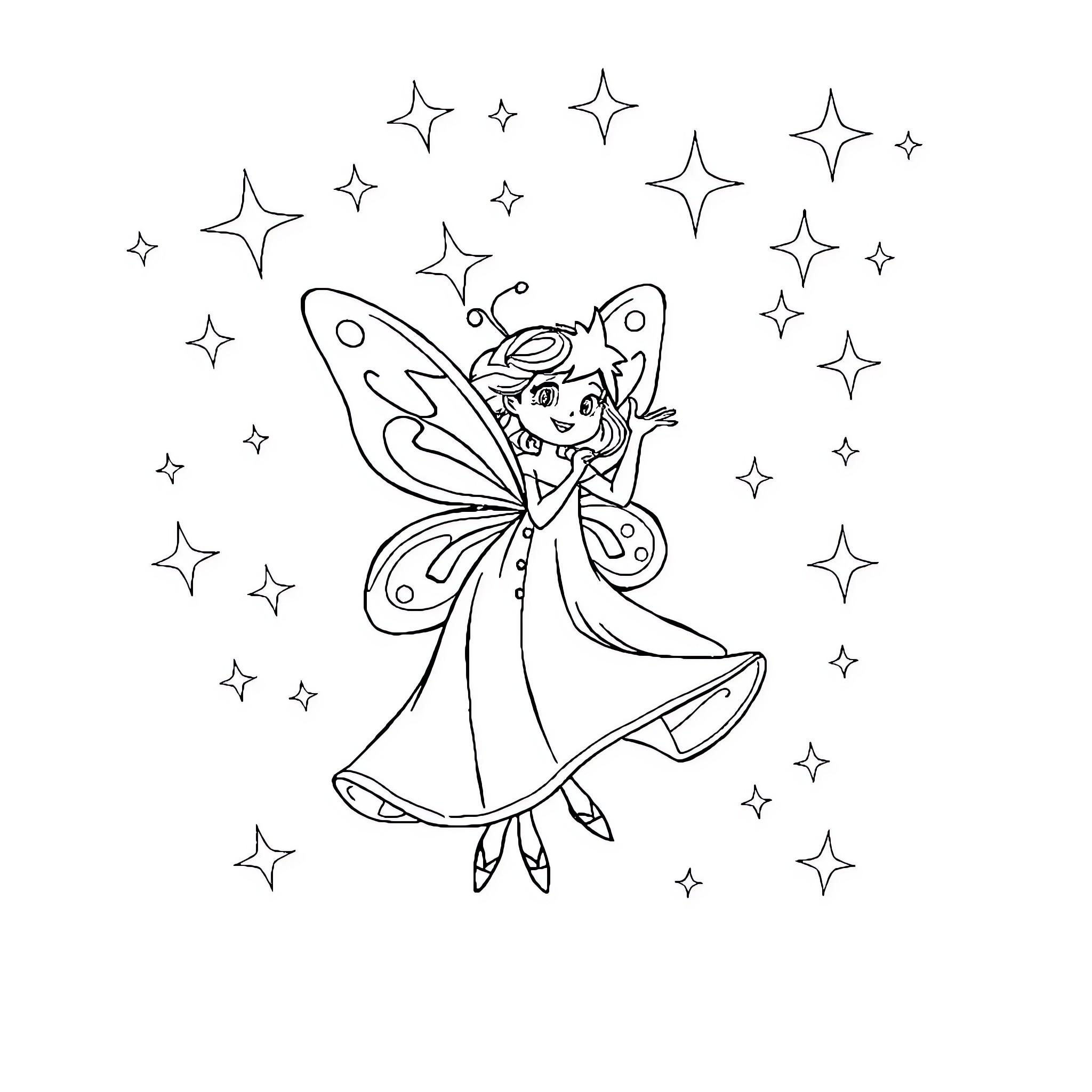 Star Butterfly dancing joyfully among the stars Coloring Page (free black-and-white line drawing printable PDF for all, from beginners to advanced learners, including children, teens, adults, and seniors)