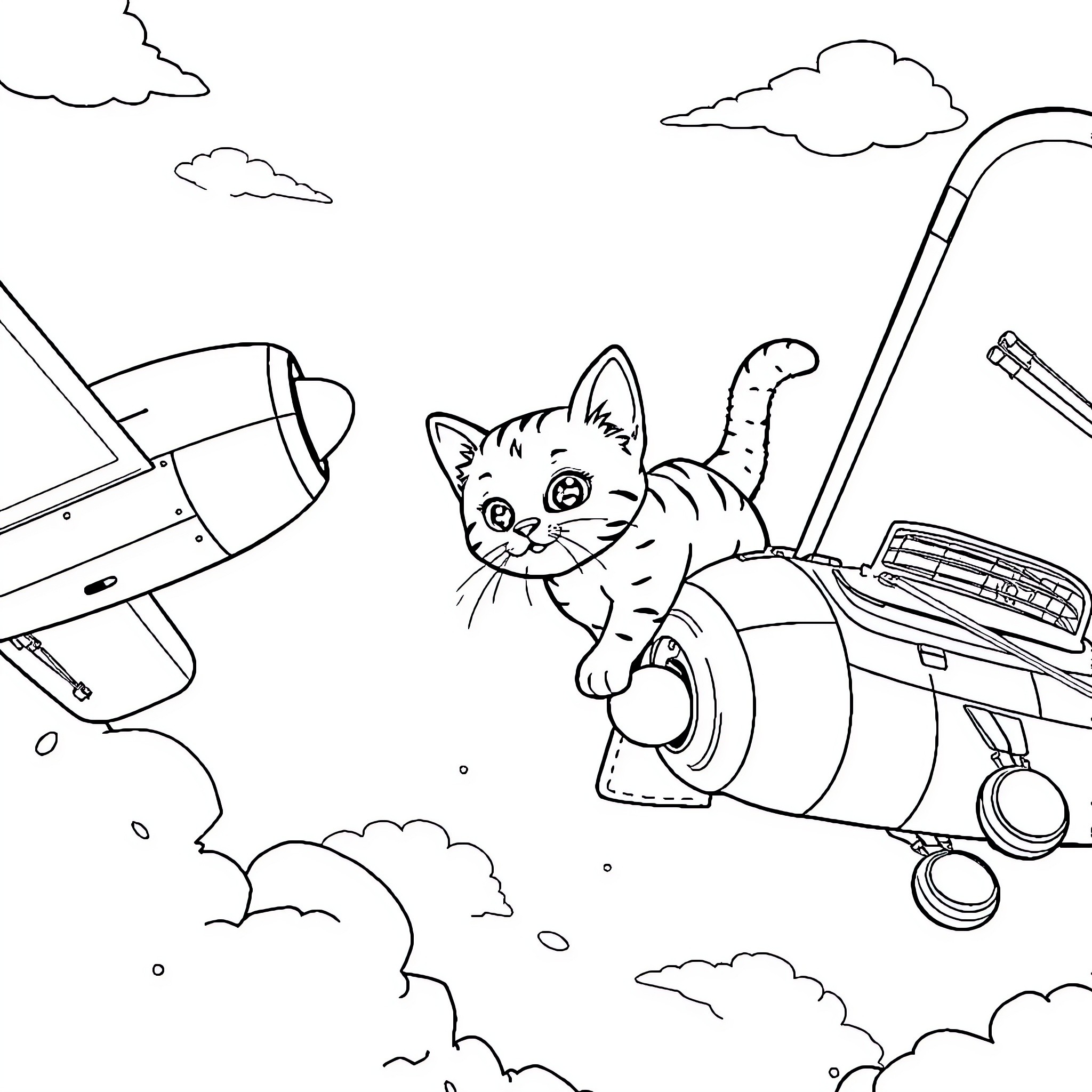 Cat exploring a whimsical airplane adventure Coloring Page (free black-and-white line drawing printable PDF for all, from beginners to advanced learners, including children, teens, adults, and seniors)