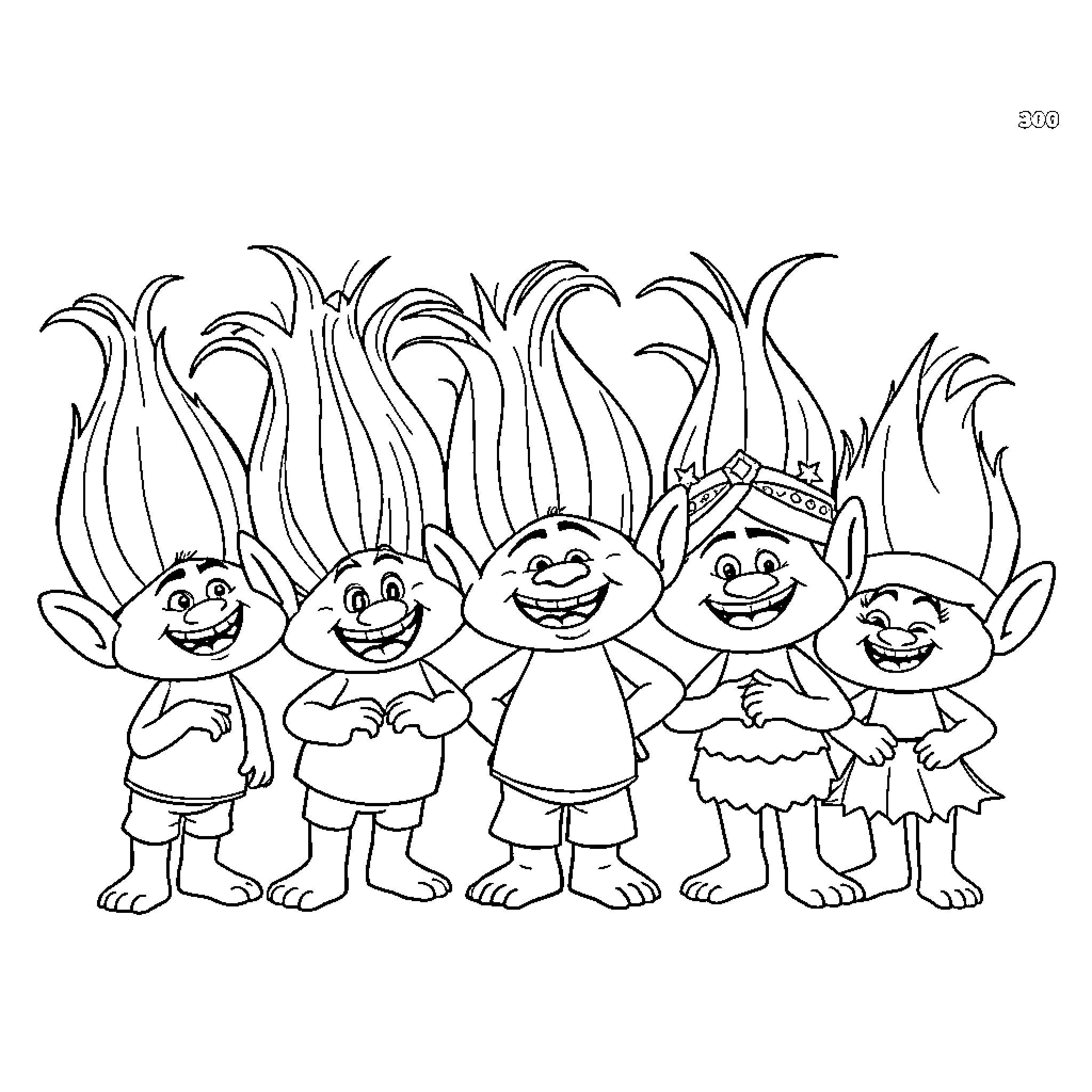 Troll characters with colorful hairstyles and expressions Coloring Page (free black-and-white line drawing printable PDF for all, from beginners to advanced learners, including children, teens, adults, and seniors)