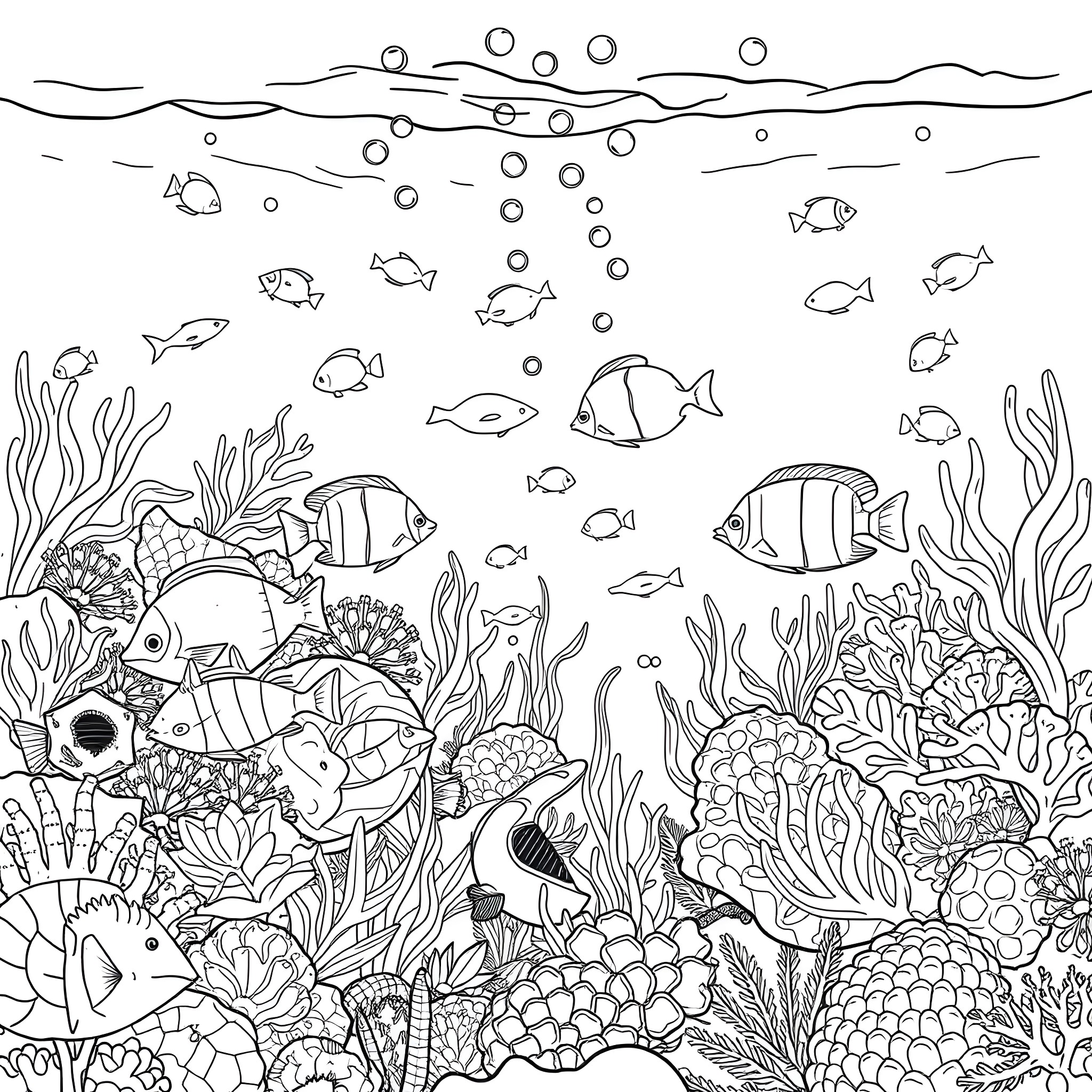 Fish swimming joyfully in the underwater reef Coloring Page (free black-and-white line drawing printable PDF for all, from beginners to advanced learners, including children, teens, adults, and seniors)