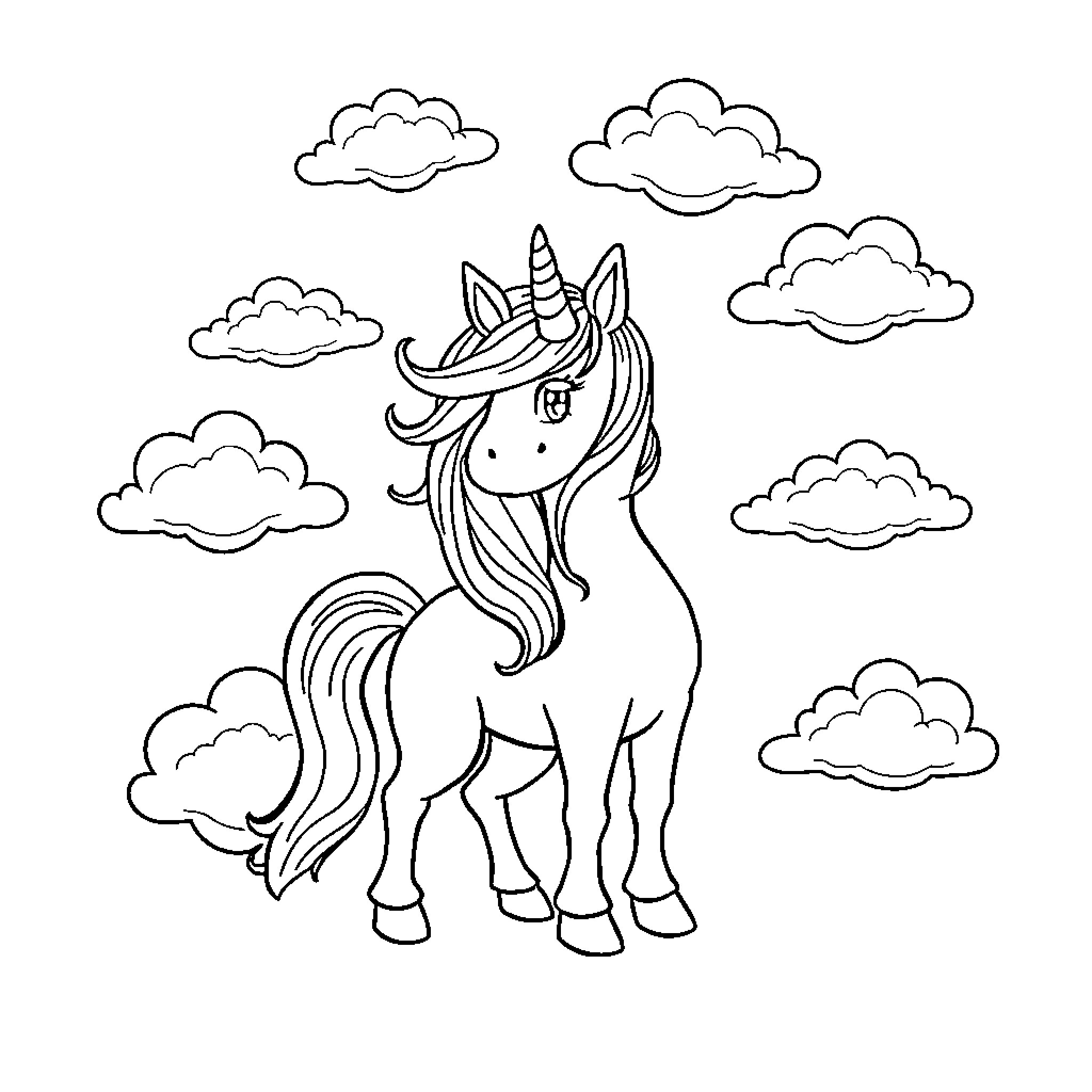 Unicorn standing amidst clouds in the sky Coloring Page (free black-and-white line drawing printable PDF for all, from beginners to advanced learners, including children, teens, adults, and seniors)