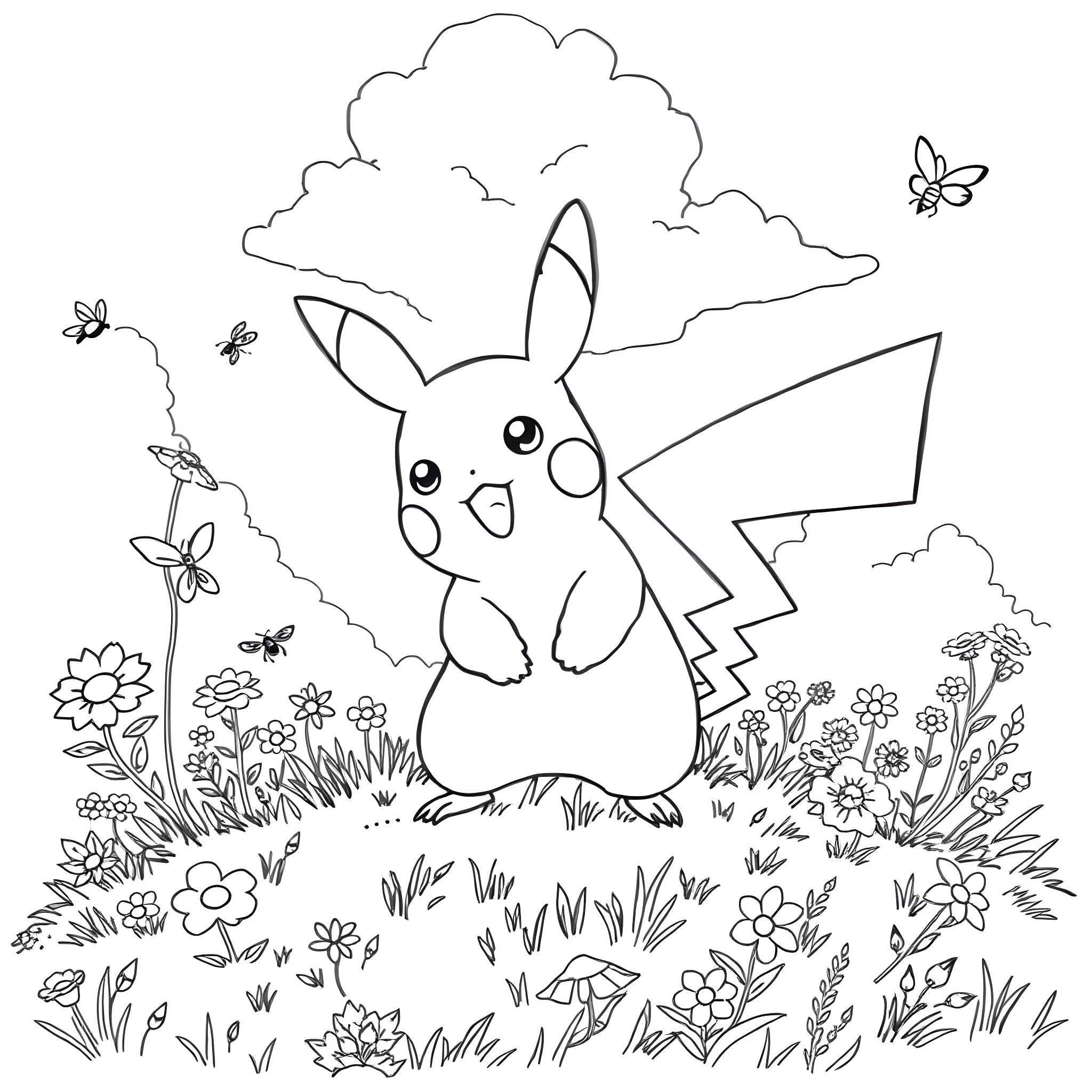 Pikachu Exploring a Whimsical Floral Landscape Coloring Page (free black-and-white line drawing printable PDF for all, from beginners to advanced learners, including children, teens, adults, and seniors)