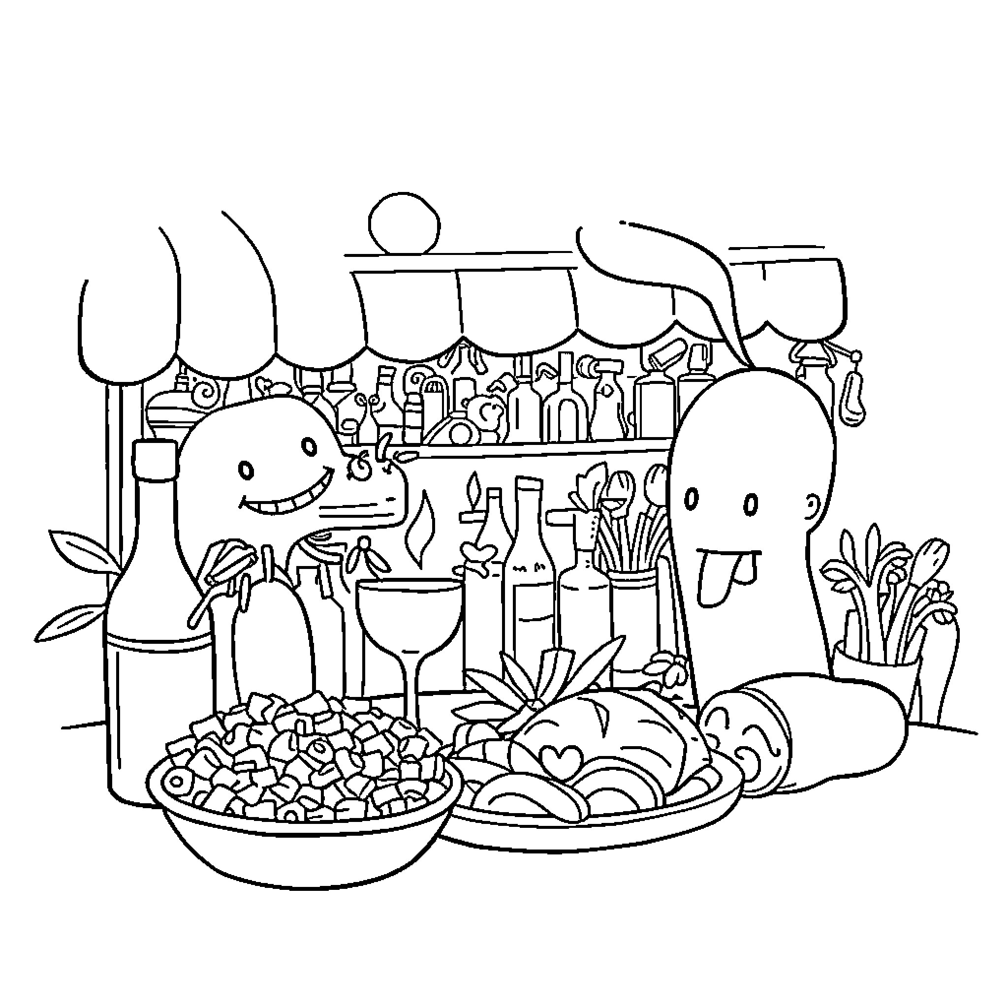 Italian Brainrot: Chaotic food and beverage scene Coloring Page (free black-and-white line drawing printable PDF for all, from beginners to advanced learners, including children, teens, adults, and seniors)