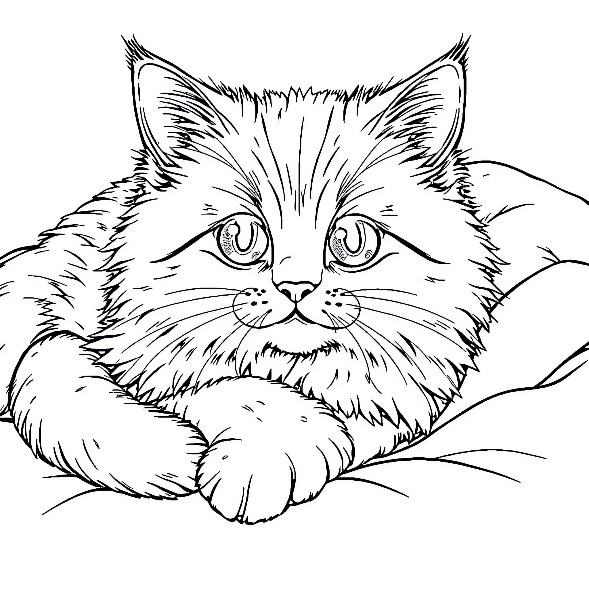 Cat looking curious and alert Coloring Page (free black-and-white line drawing printable PDF for all, from beginners to advanced learners, including children, teens, adults, and seniors)