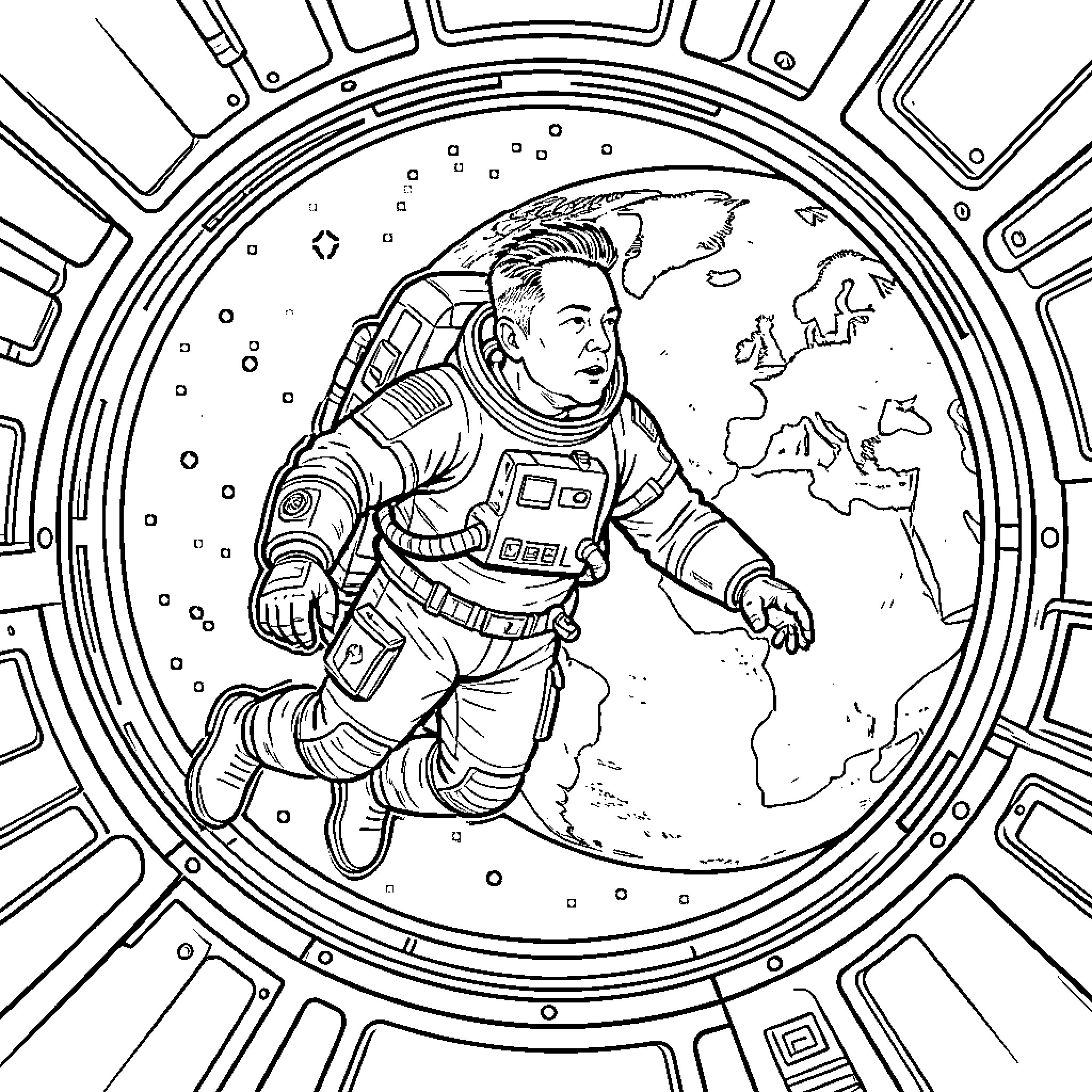 Elon Musk in Spaceship Observing the Earth Coloring Page (free black-and-white line drawing printable PDF for all, from beginners to advanced learners, including children, teens, adults, and seniors)