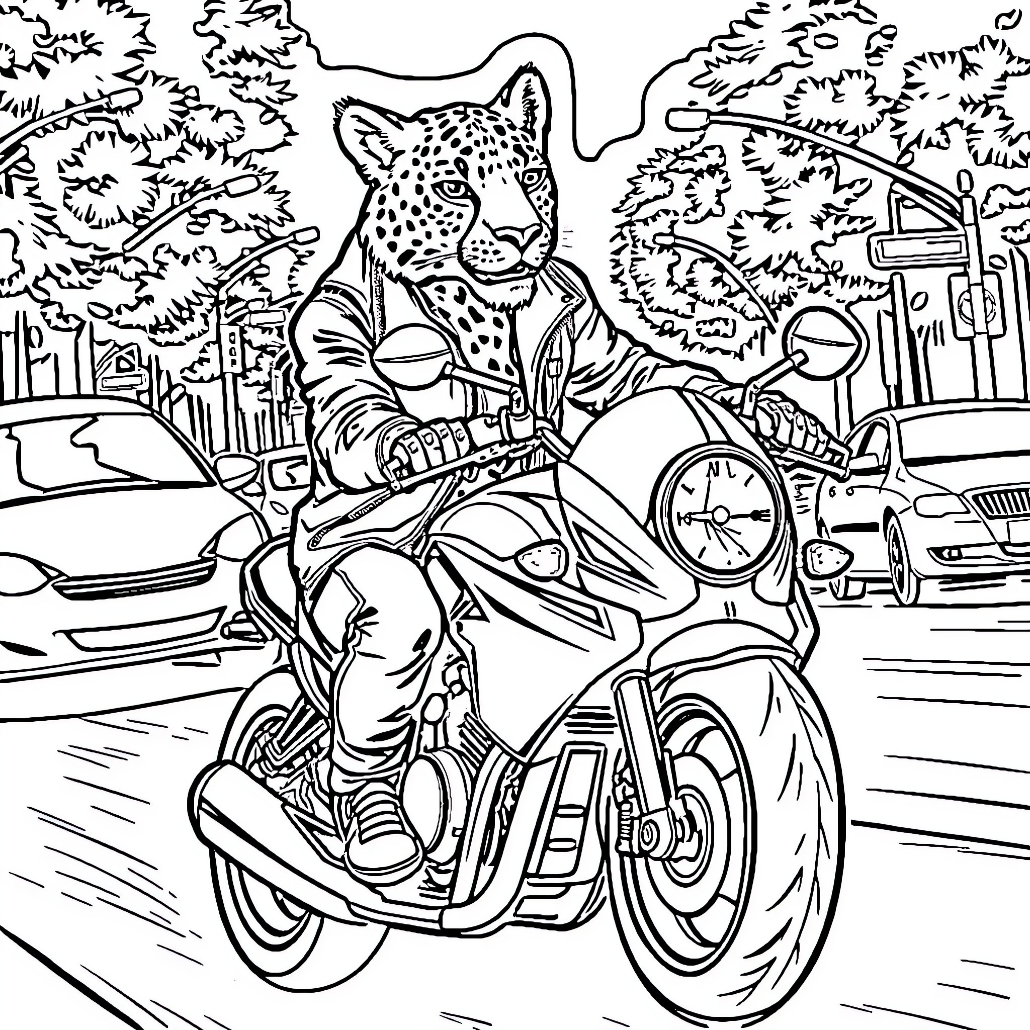 Leopard riding motorcycle in the city Coloring Page (free black-and-white line drawing printable PDF for all, from beginners to advanced learners, including children, teens, adults, and seniors)