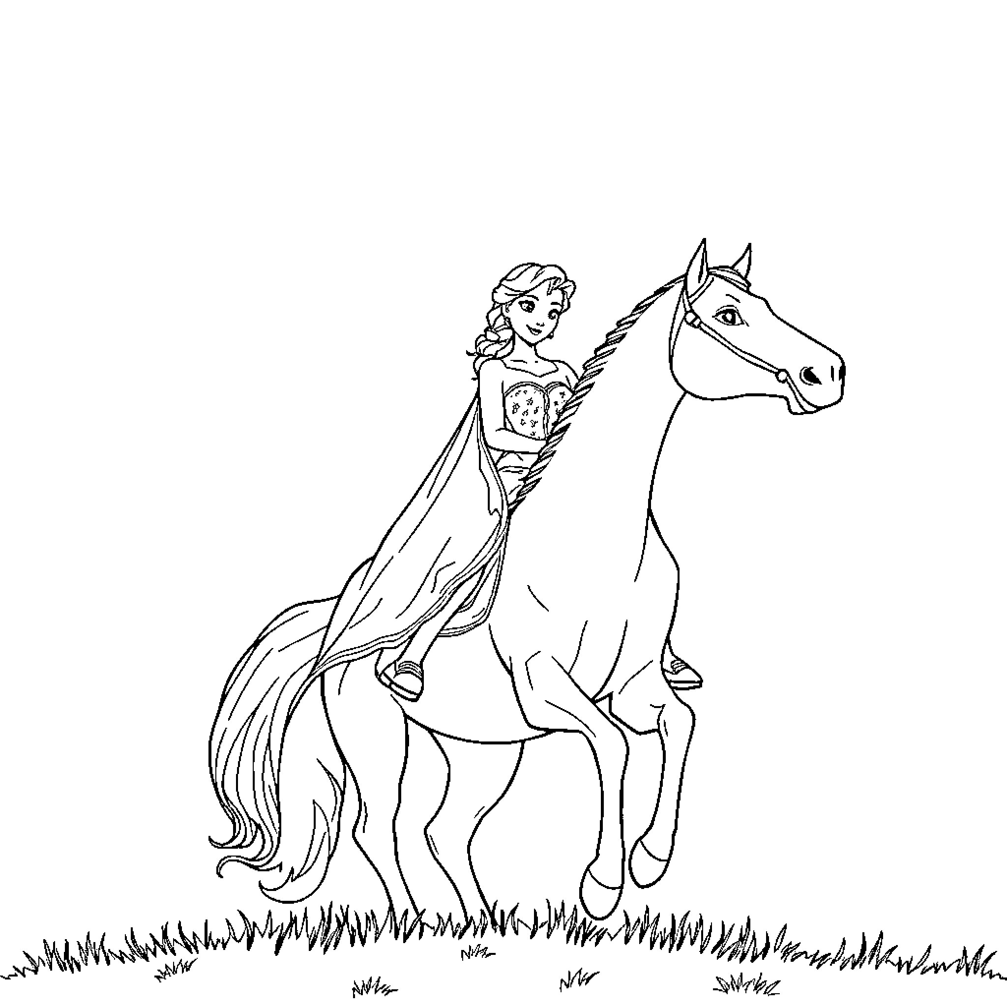 Elsa riding gracefully on a majestic horse Coloring Page (free black-and-white line drawing printable PDF for all, from beginners to advanced learners, including children, teens, adults, and seniors)