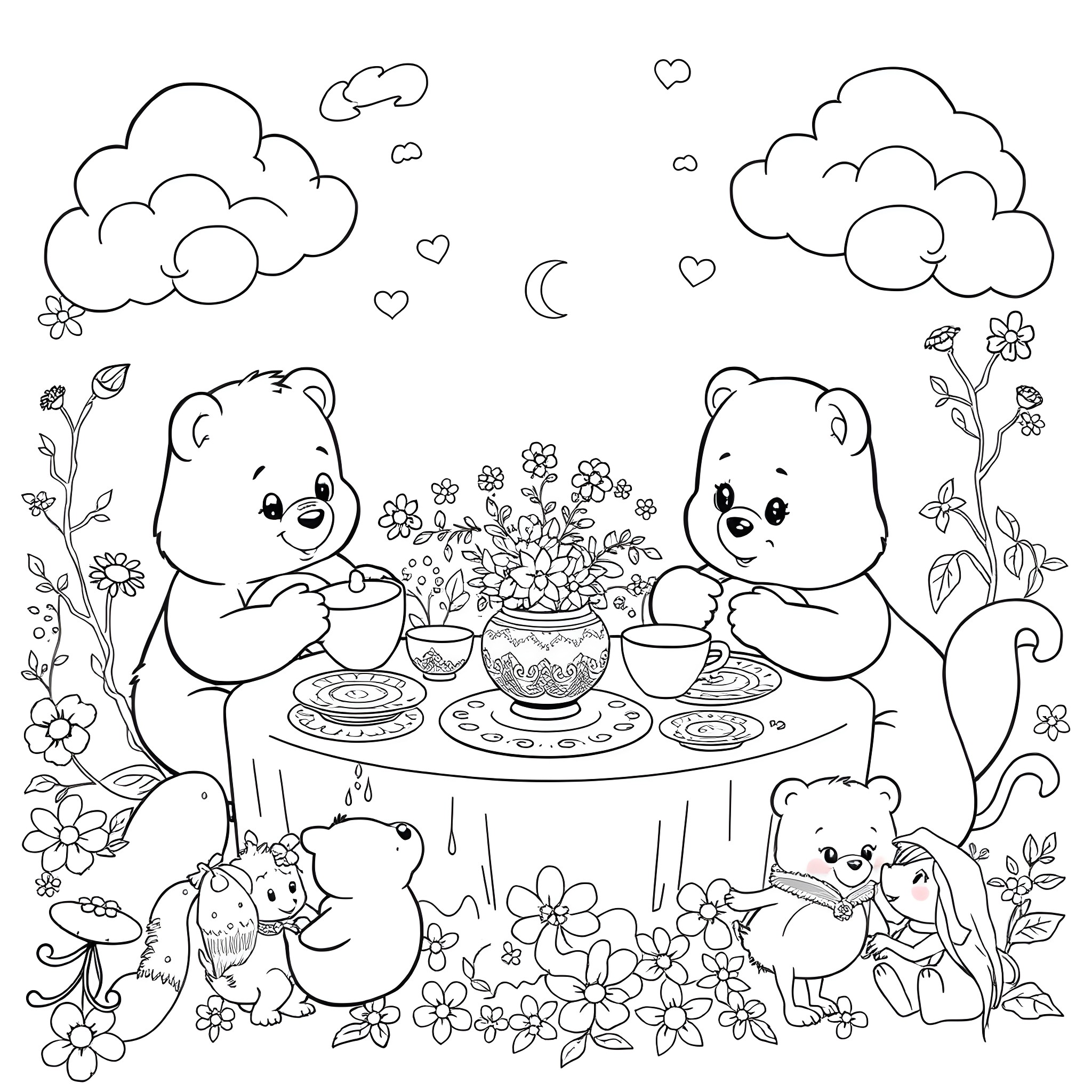 Care Bears Having a Floral Picnic Coloring Page (free black-and-white line drawing printable PDF for all, from beginners to advanced learners, including children, teens, adults, and seniors)