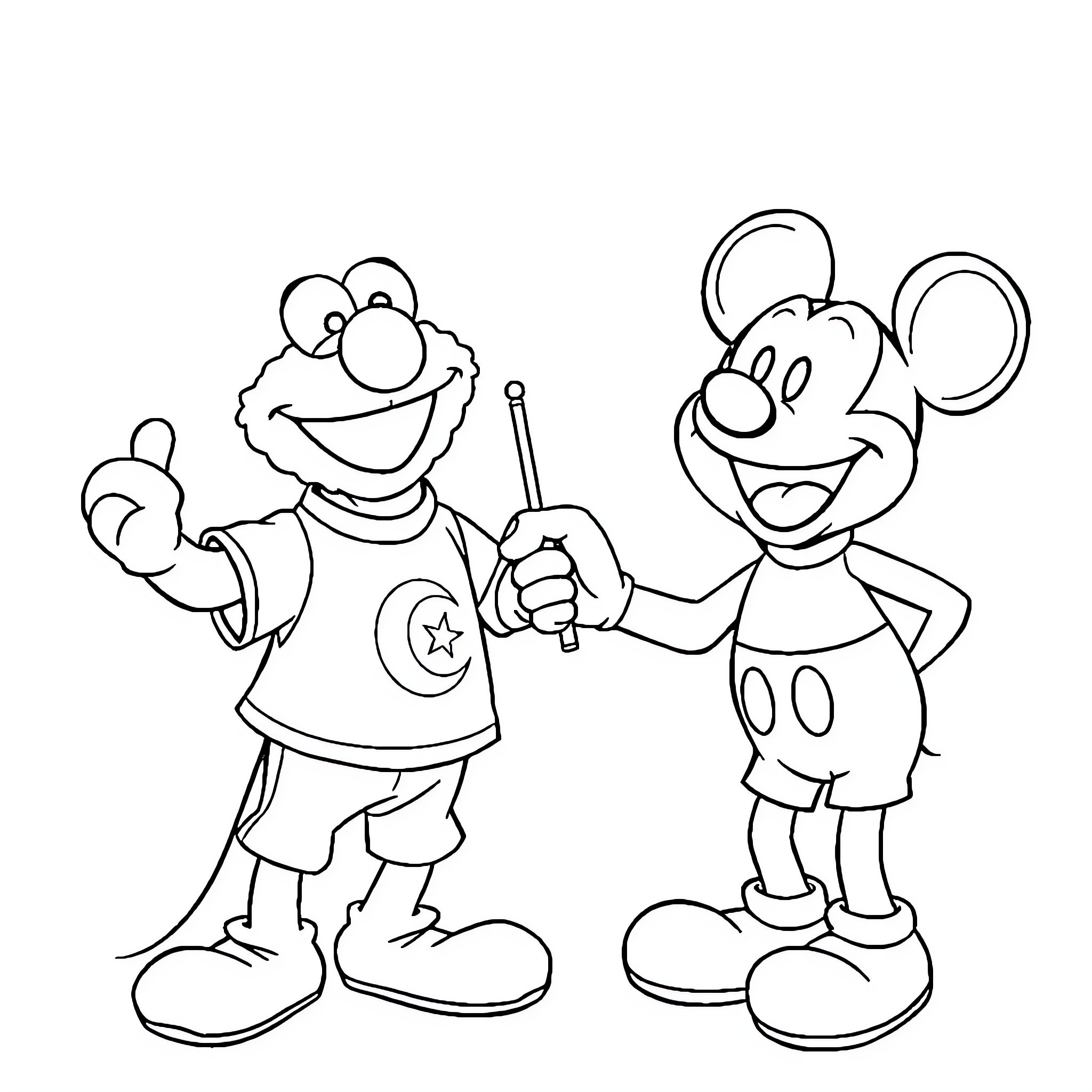 Elmo and Mickey Mouse Playing Together Coloring Page (free black-and-white line drawing printable PDF for all, from beginners to advanced learners, including children, teens, adults, and seniors)