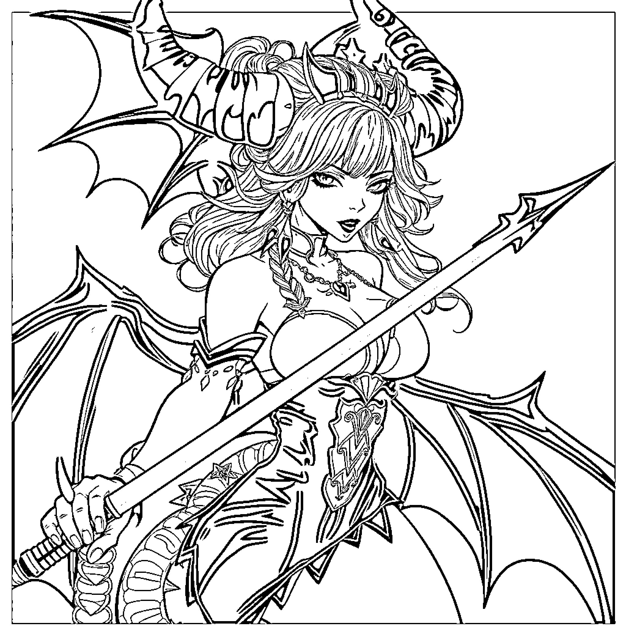 Siren warrior maiden wielding a spear and shield Coloring Page (free black-and-white line drawing printable PDF for all, from beginners to advanced learners, including children, teens, adults, and seniors)