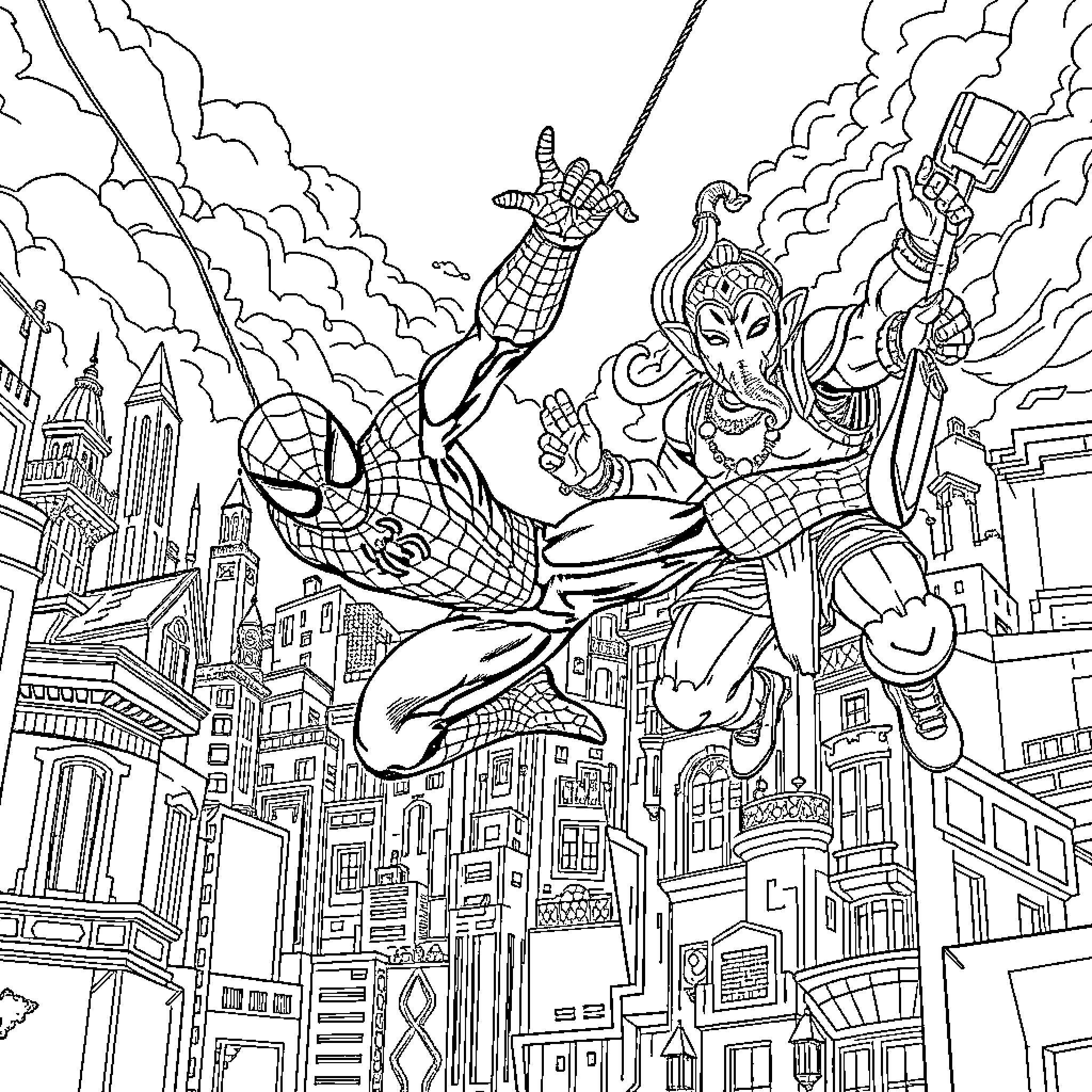 Superhero Spider-Man battles villainous Octopus in epic cityscape Coloring Page (free black-and-white line drawing printable PDF for all, from beginners to advanced learners, including children, teens, adults, and seniors)